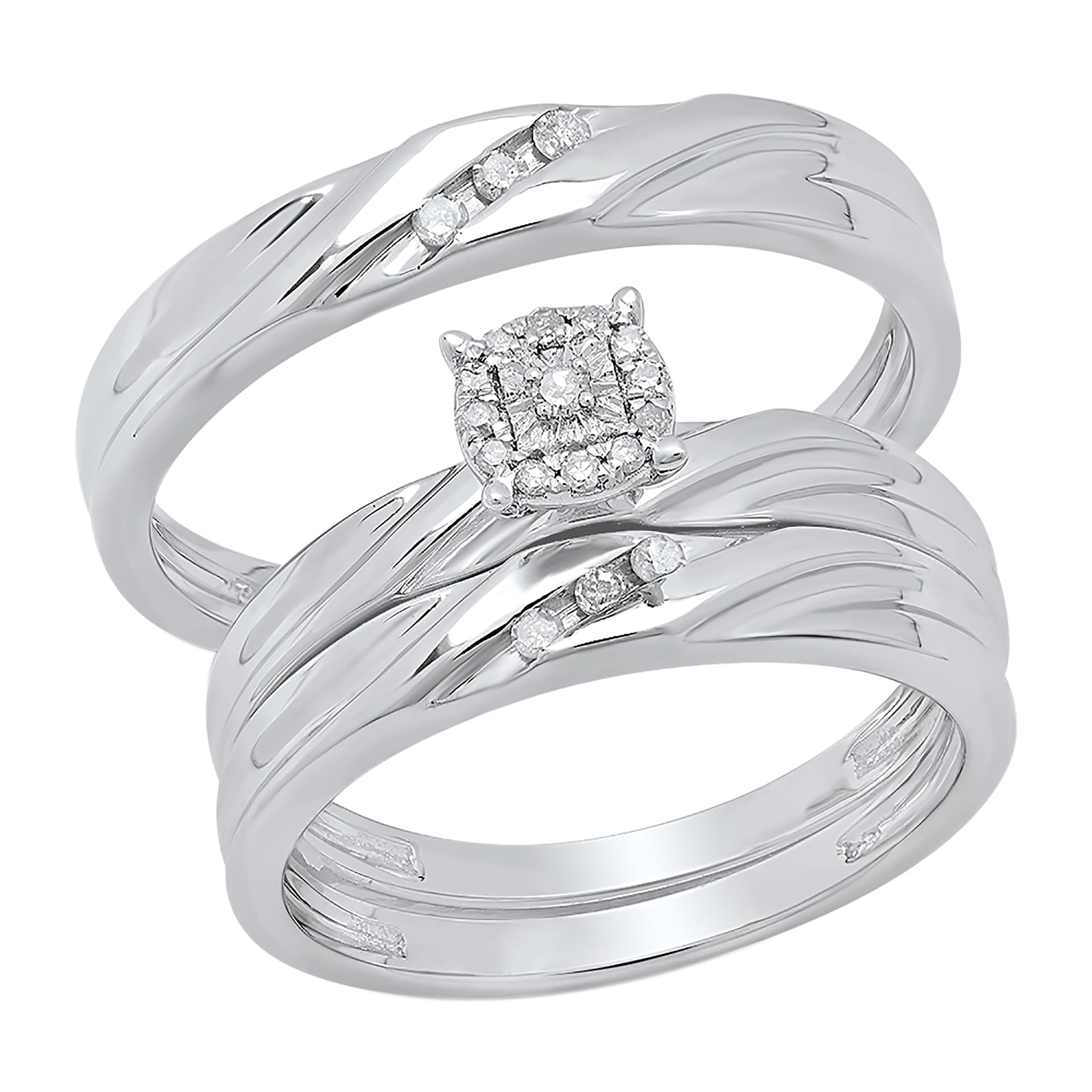 Dazzlingrock Collection 0.15 Carat Round White Diamond Halo Trio Ring Set in 925 Sterling Silver - Perfect for Engagement, Wedding, Anniversary & Special Occasions