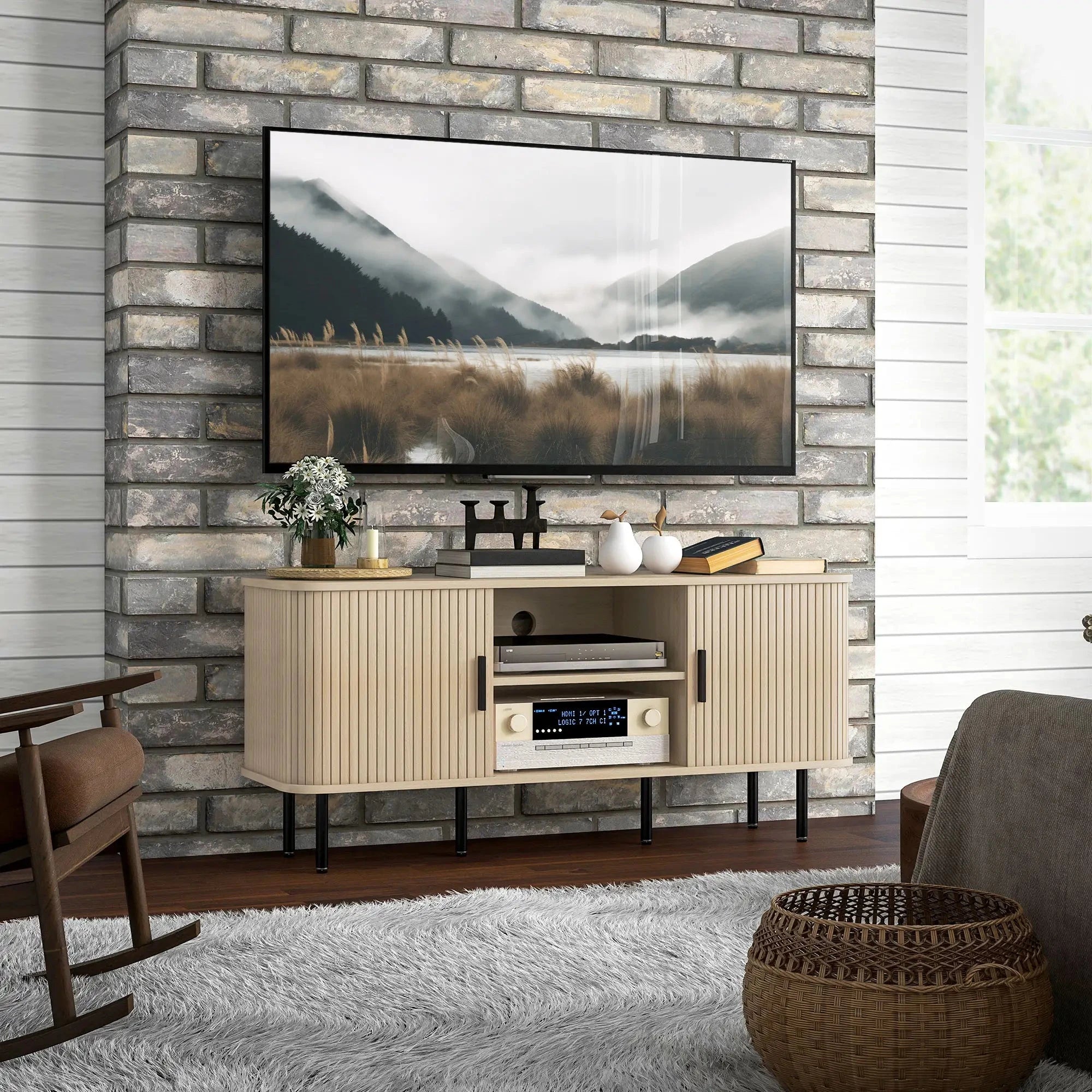 55 Inch TV Stand with Storage Shelves & Cabinets - Solid Wood Oak Finish for Living Room, Bedroom, Home Theater Setup