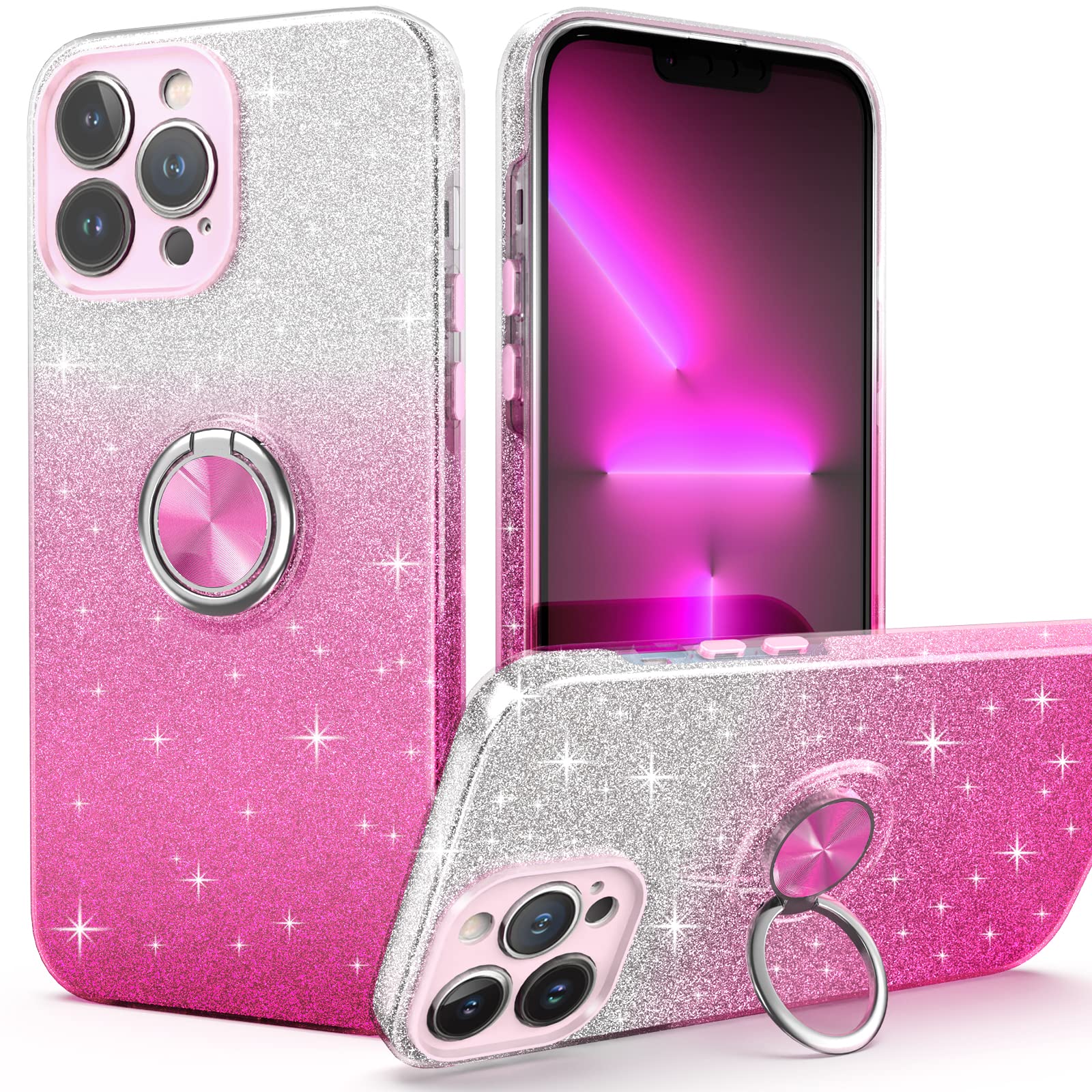 Sparkly Glitter iPhone 12 Pro Max Case with 360° Ring Holder & Magnetic Car Mount | Slim Shock-Absorbent Protective Cover for Women (6.7