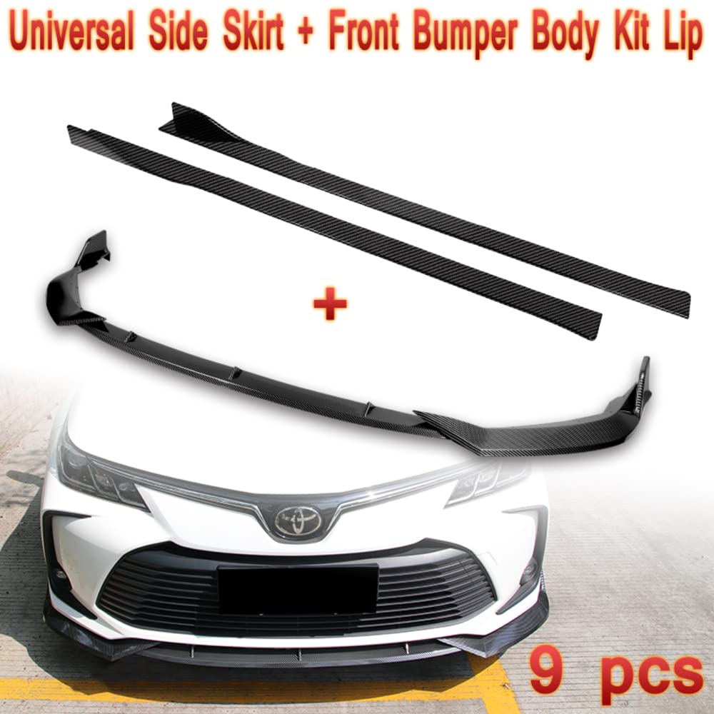 Q1-Tech 9-Piece Front Bumper Lip Kit & Side Skirt Extensions Diffuser Set for 2020-2021 Toyota Corolla L/LE/XLE - ABS Spoiler Air Chin Body Splitter in Painted Carbon Fiber Style | Enhance Sporty Look & Aerodynamics for Street Racing & Car Shows