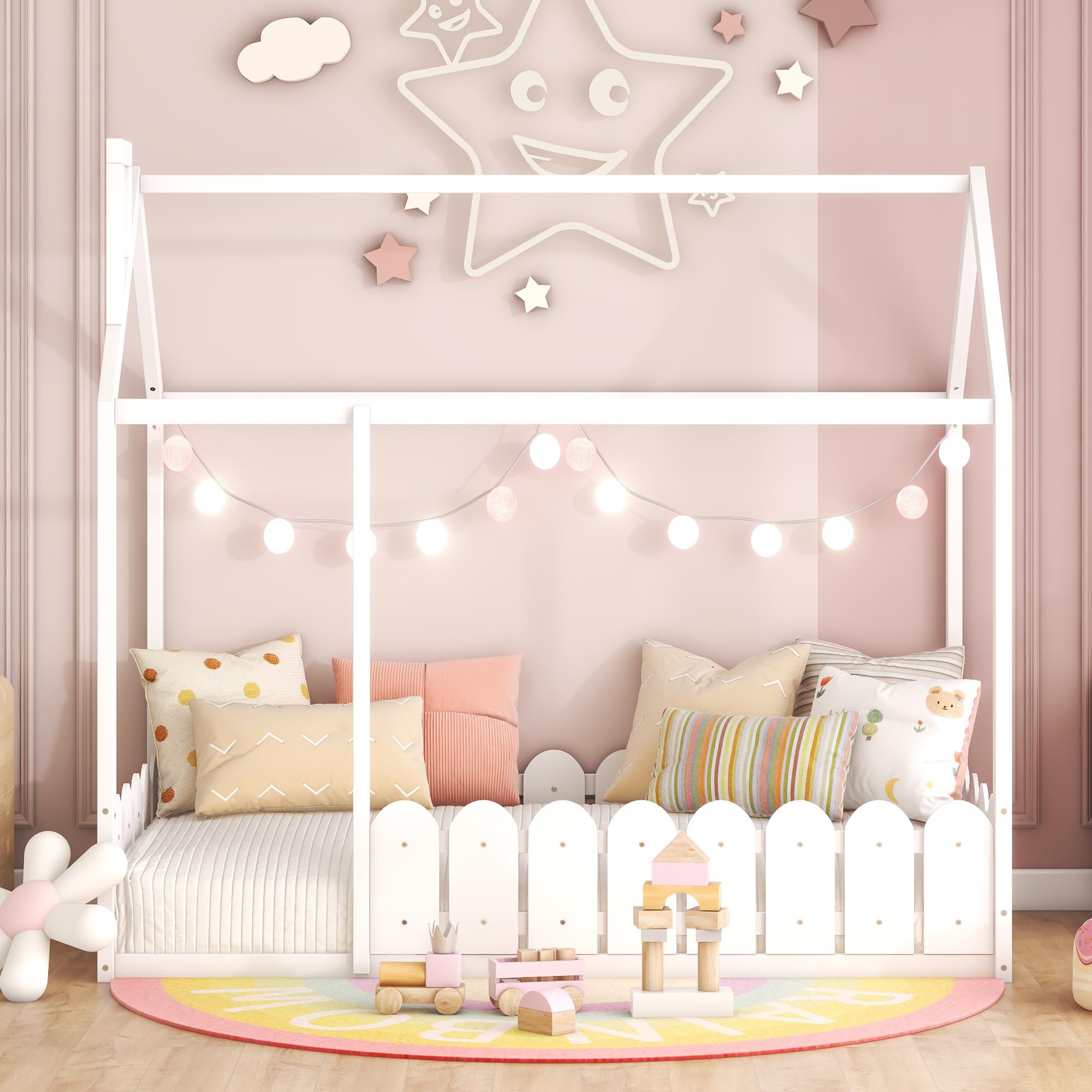Harper & Bright Designs Twin Floor Bed for Kids - Wood Montessori Bed with Safety Rails - Low Profile House Bed for Toddlers, Girls & Boys (Twin Size, White) - Perfect for Montessori Bedrooms, Nursery Rooms & Kids' First Big Bed