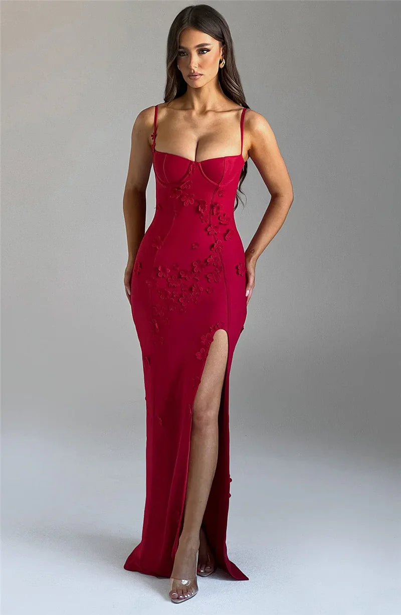 3D Floral Spaghetti Strap Sexy Maxi Dress for Women - Off Shoulder Backless Thigh High Split Evening Gown | Perfect for Club Parties, Date Nights & Summer Vacations