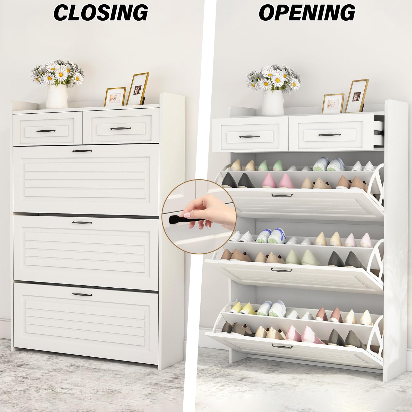 WIIS' IDEA Hidden Shoe Cabinet for Entryway - 3 Door & 2 Drawer Narrow Shoe Storage Organizer, White Flip Down Shoe Rack with 4 Tiers - Space Saving Wooden Shoe Cabinet for Living Room, Hallway, Apartment Entry - Perfect for Small Spaces & Home Organization