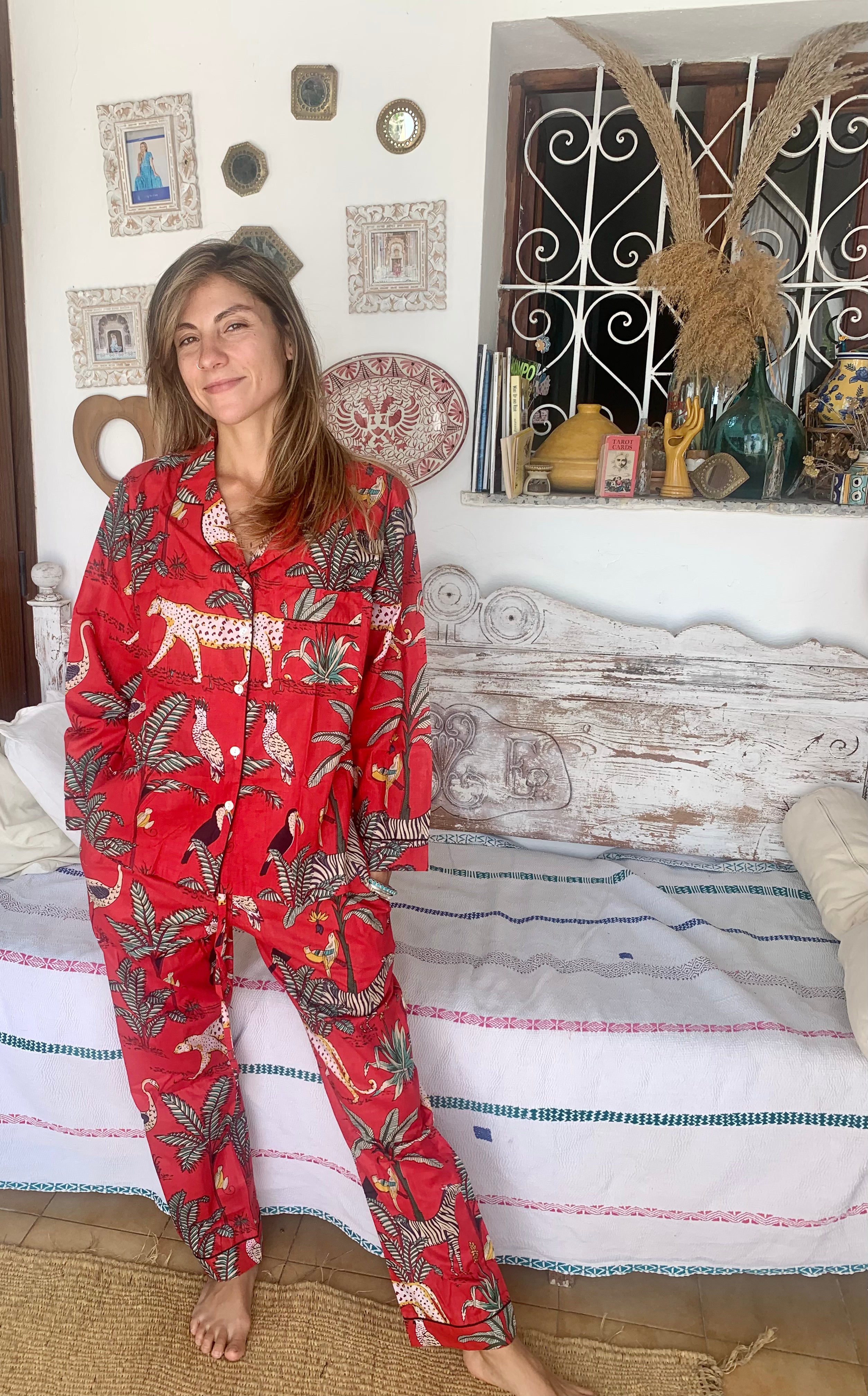 Red Tiger Print Cotton Pajama Set - Cozy Lounge Wear for Women & Men - Hand Block Printed Sleepwear for Comfortable Nights & Relaxing at Home