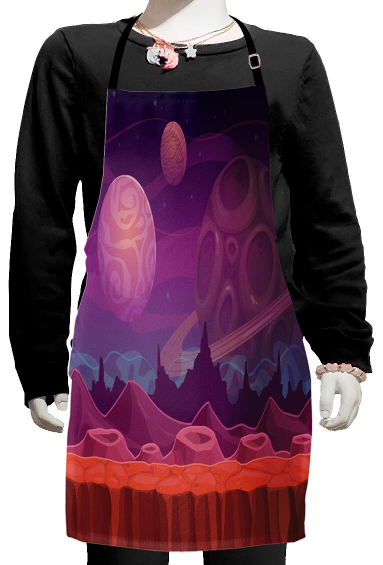 Ambesonne Fantasy Kitchen Apron - Purple Alien Dreamy Landscape with Craters & Planets, Adjustable Ties for Baking, Cooking & Painting | Small Size Purple Vermilion Apron Bib | Perfect for Home Chefs, Artists & Cosplay Enthusiasts