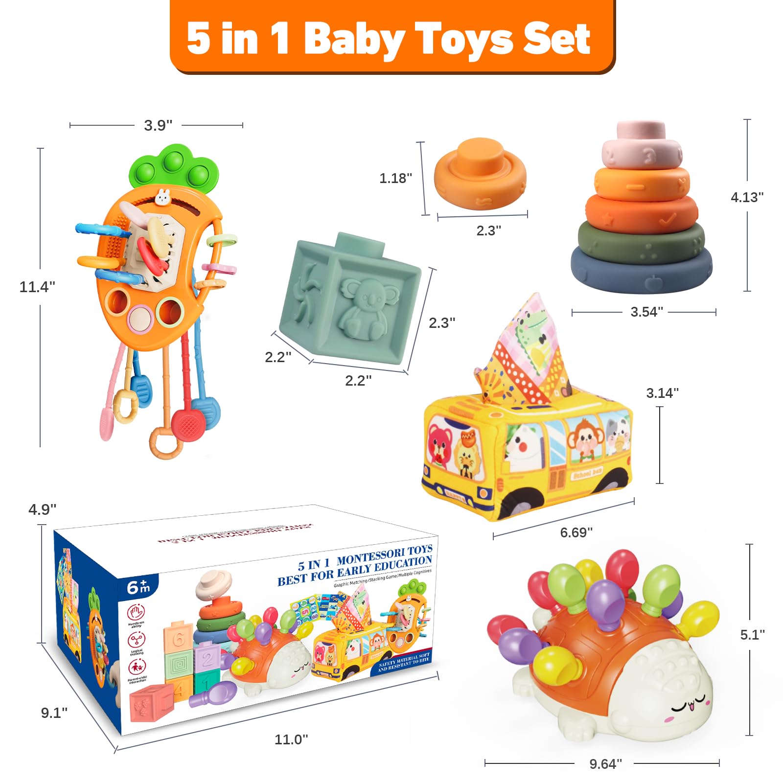 Montessori Toys for Babies 6-12 Months | Sensory & Fine Motor Learning Toys for Toddlers 1-3 Years | 5-in-1 Developmental Toy Set with Pull String, Stacking Rings & Tissue Box | Perfect for Early Childhood Education & Playtime Learning Activities