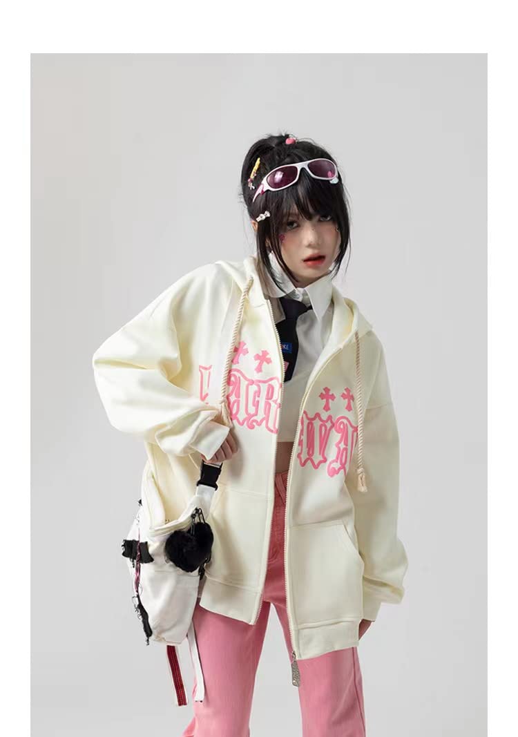 Goth Embroidery Hoodie for Women - High Street Harajuku Retro Hip Hop Zip Up Sweatshirt | Loose Fit Y2K Style Hoodie for Streetwear & Casual Fashion