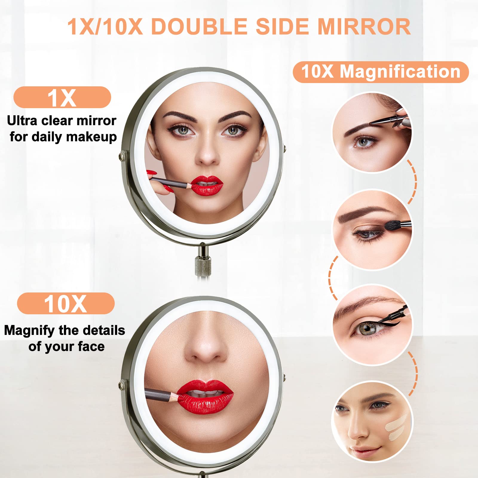Furgatti 8 Inch Lighted Makeup Mirror with 3 Color Modes & Touch Control - 1x/10x Magnification, Adjustable Height, 4000mAh Battery - Perfect for Vanity, Dressing Room & Travel - Women's Gift (Nickel Finish)