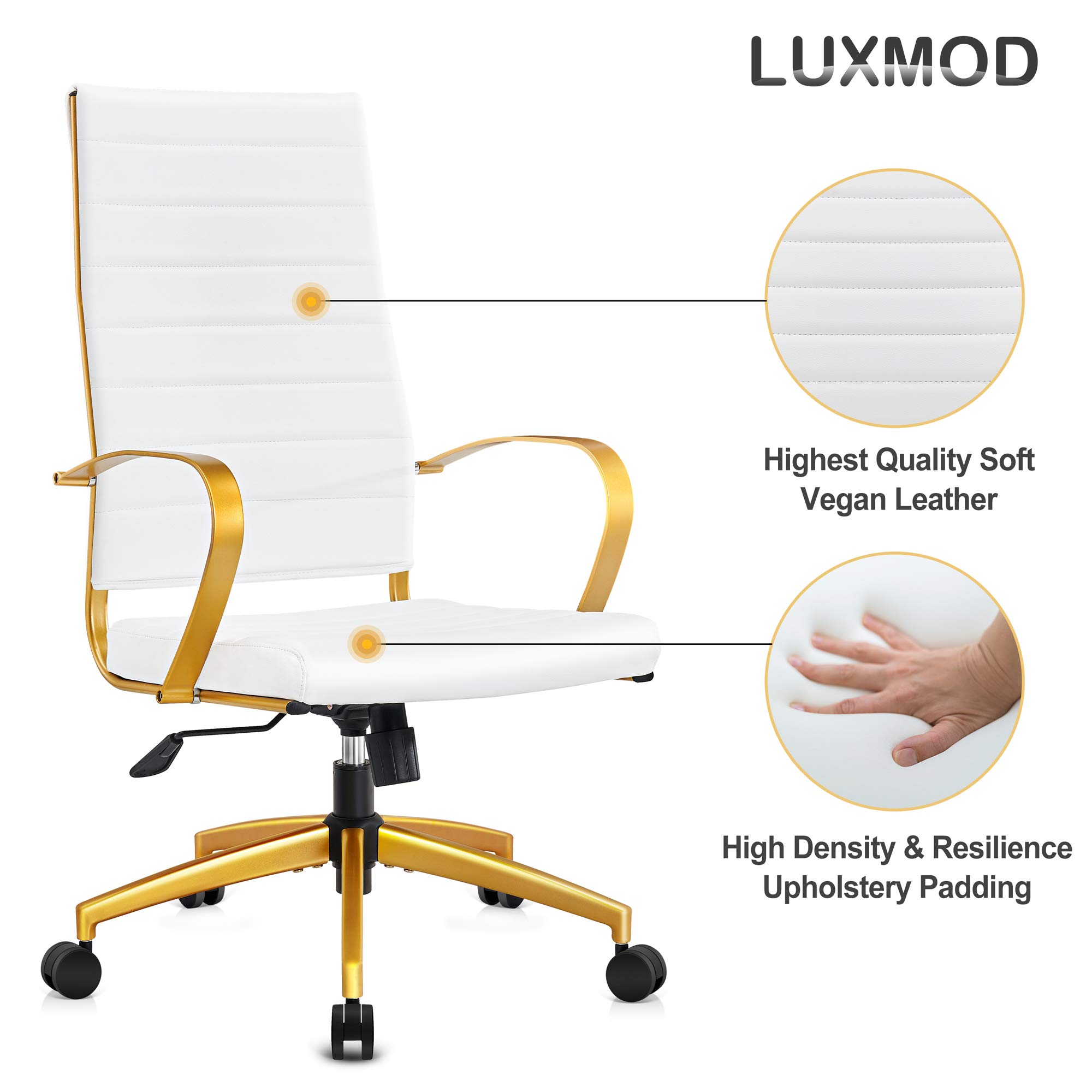 Ergonomic Office Chair - High Back Executive Desk Chair in White Vegan Leather with Gold Accents, Adjustable Height & Lumbar Support for Home Office, Perfect for Long Work Hours & Video Conferencing (White)