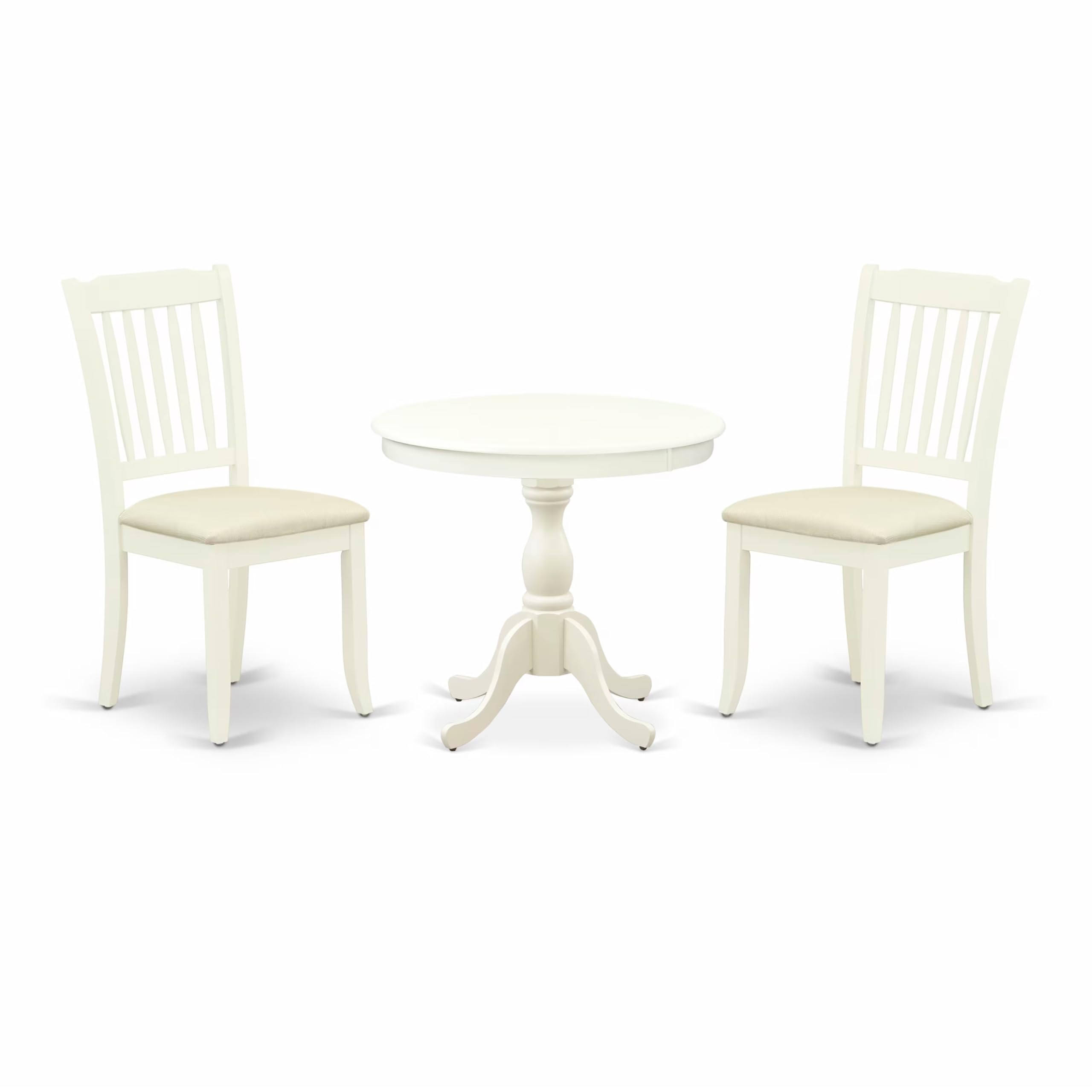 East West Furniture AMDA3-LWH-C 3 Piece Round Dining Table Set with Pedestal Base & 2 Linen Upholstered Chairs, 36x36 Inch, Linen White - Perfect for Small Spaces, Apartments, Breakfast Nooks & Cozy Kitchens
