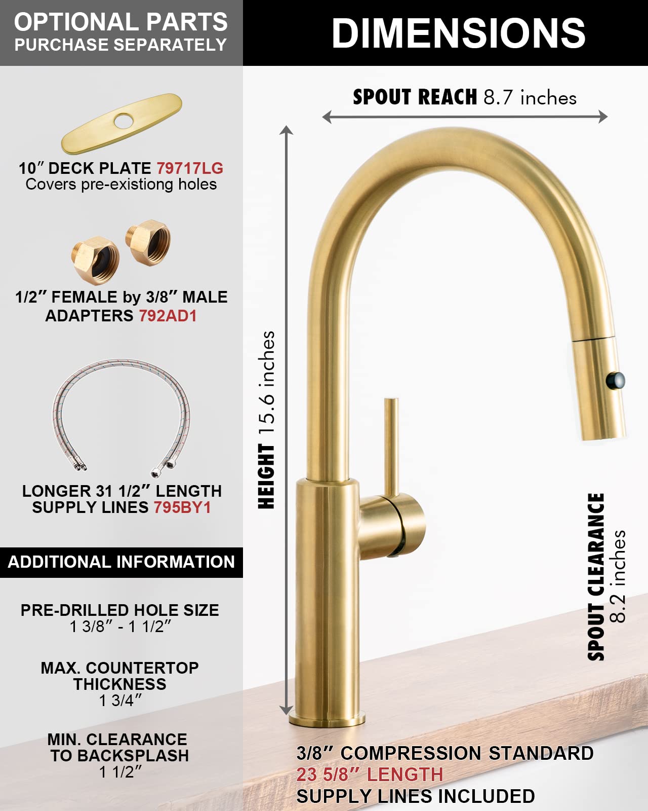 Darnok 79723LG Mia Brushed Light Gold Kitchen Faucet with Pull Down Sprayer - 15.6