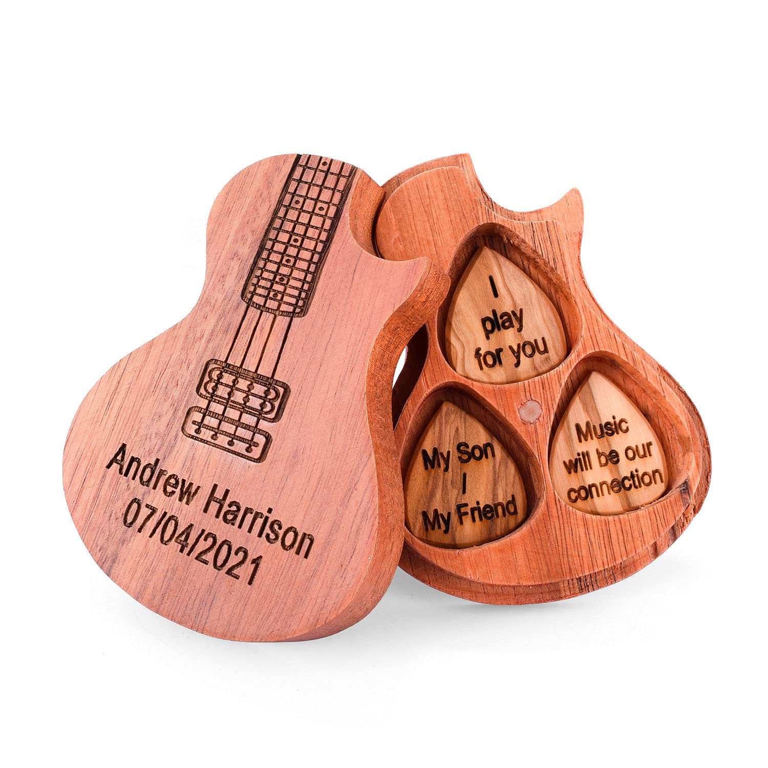 Premium Wooden Guitar Picks Holder Case - Custom Engraved Guitar Accessory with 3 Free Picks - Perfect Gift for Musicians & Boyfriends - Ideal for Electric/Acoustic Guitar Players & Music Lovers
