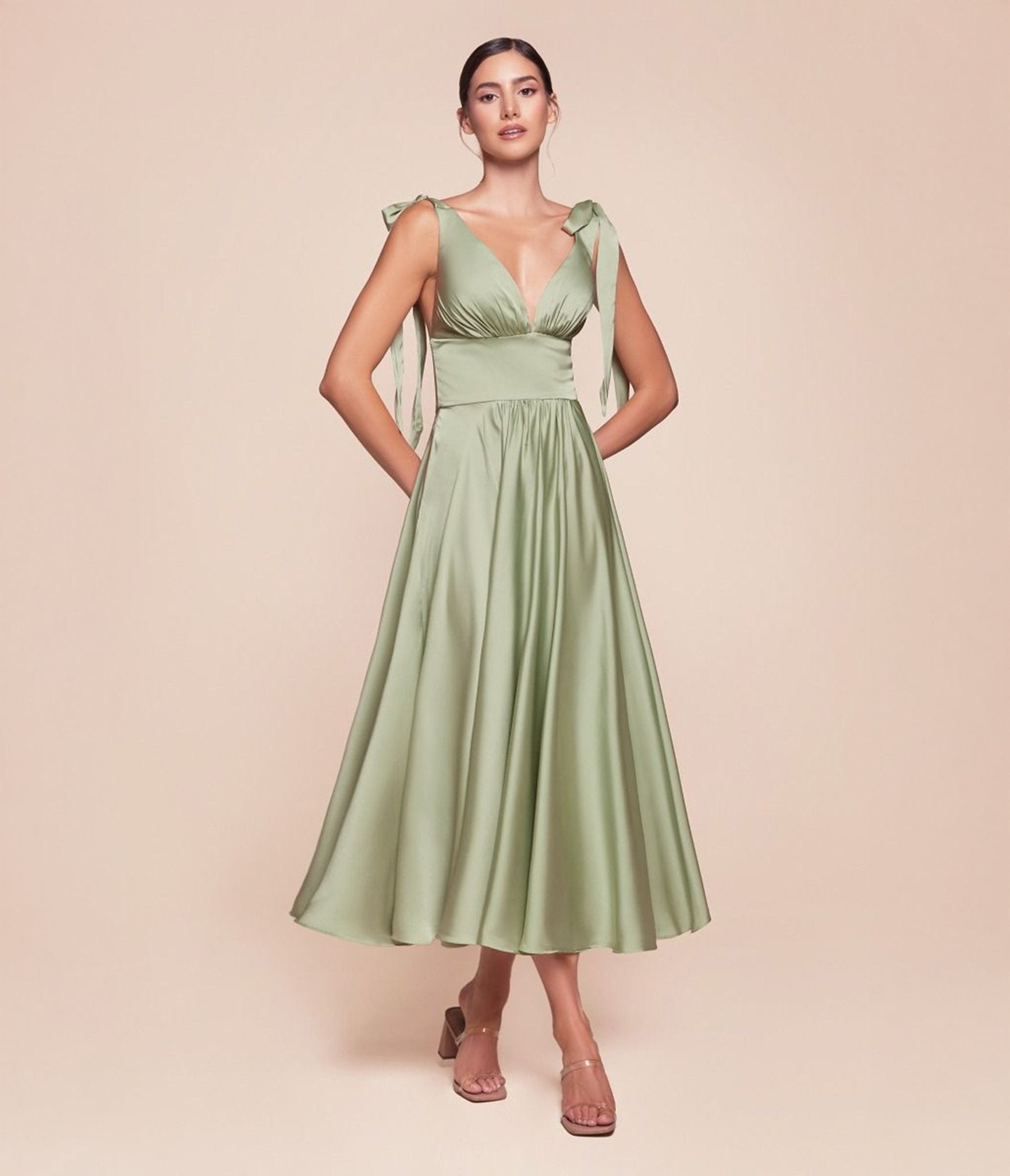 **Cinderella Divine Sage Tea Length Satin A-Line Dress by Ladivine - Elegant Formal Wear for Weddings, Parties & Special Occasions**