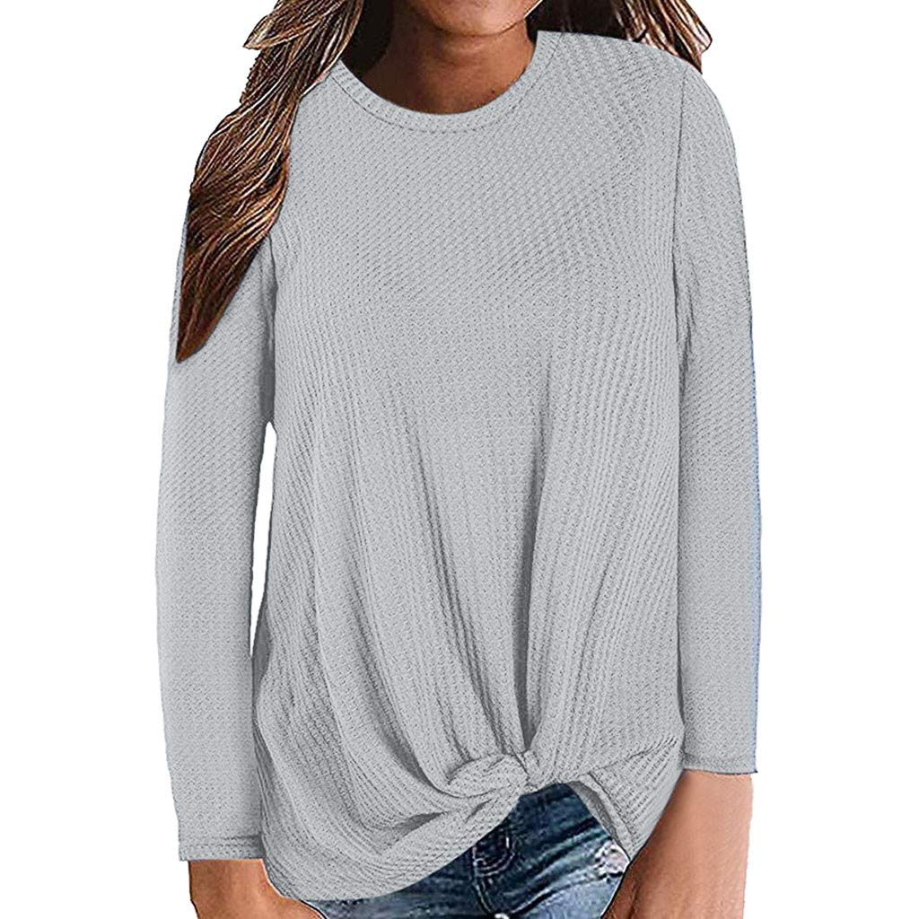 Women's Oversized Casual Long Sleeve Blouse - Round Neck Waffle Knit Shirt with Twist Knot Detail | Cute & Comfortable Tops for Everyday Wear, Work, Dating & Weekend Outfits