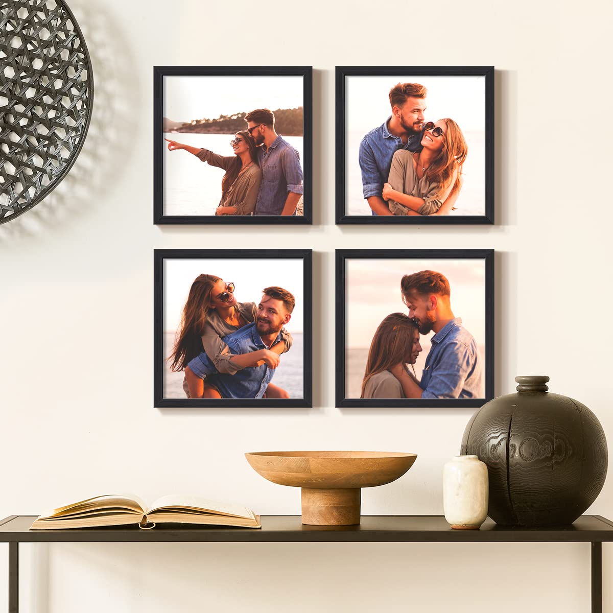 Custom Photo Frames Set of 4 - 8x8 Real Wood Picture Frames for Personalized Collage | Peel & Stick Wall Decor | Black Gallery Wall Frames for Living Room, Bedroom & Office Decor