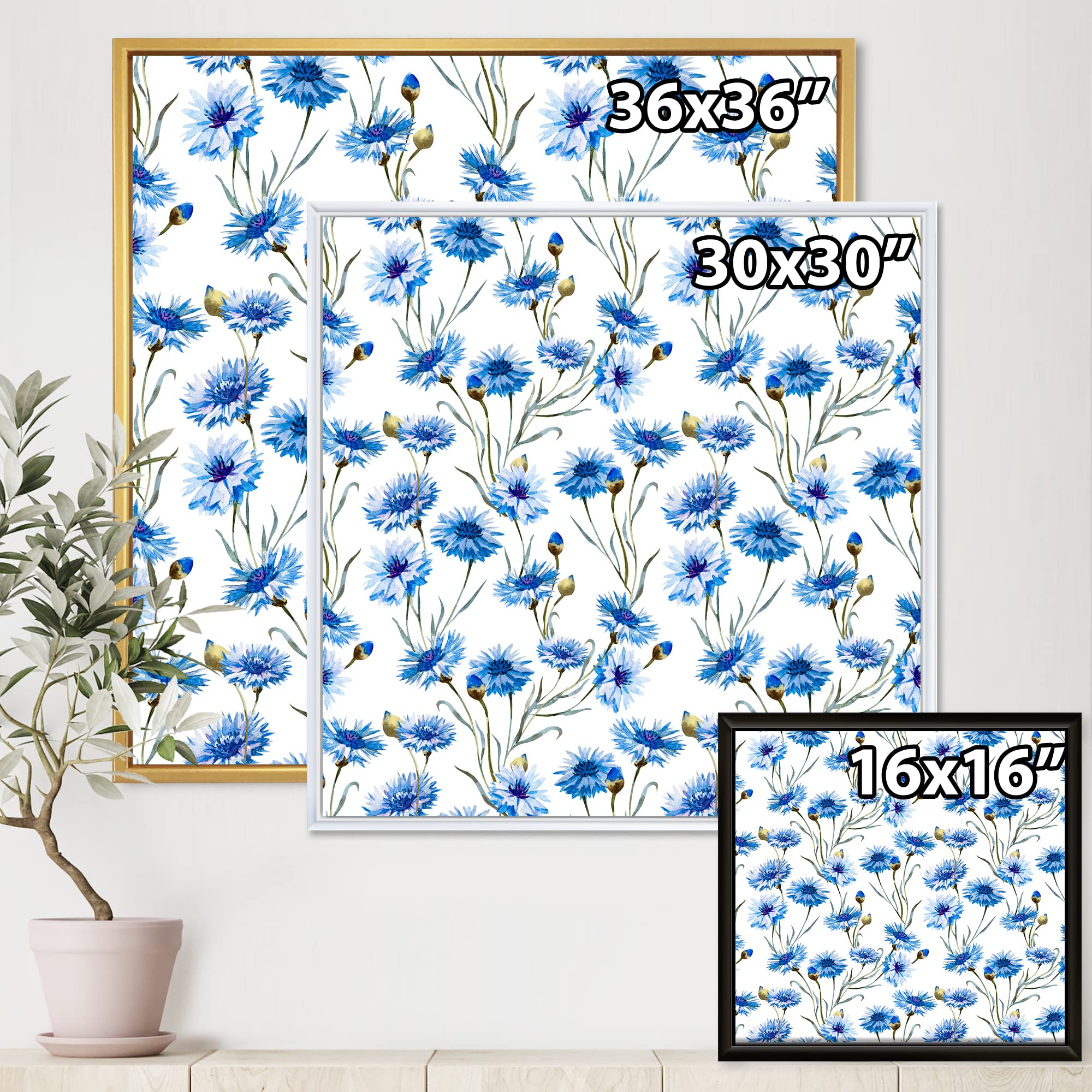 DesignQ Blue Cornflowers With Green Leaves II - Traditional Framed Canvas Wall Art Print for Home Decor, Living Room, Bedroom & Office