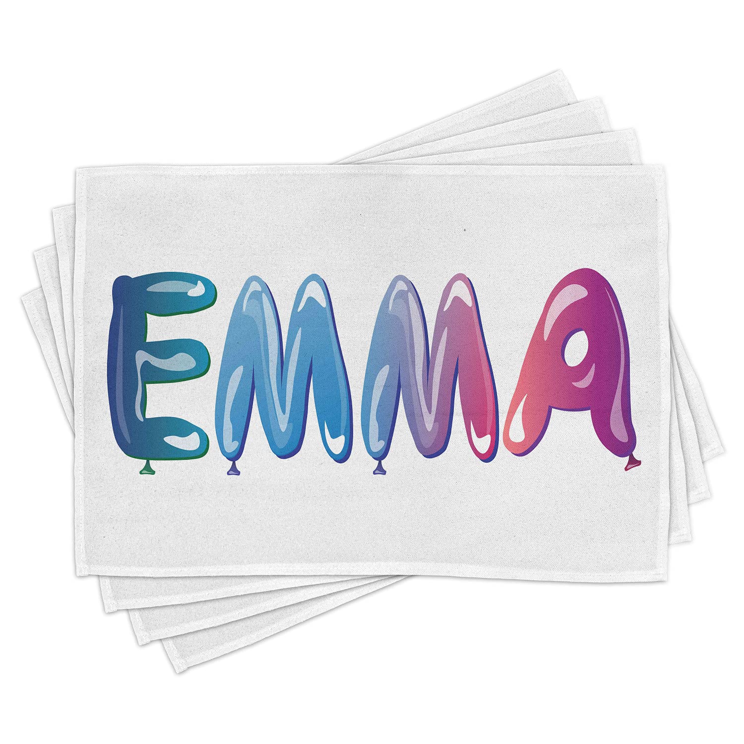 Ambesonne Emma 4-Pack Placemats Set - Elegant Feminine Name Design with Ornate Balloons, Washable Fabric Table Mats for Dining Room & Kitchen Decor, Multicolor - Perfect for Birthday Parties, Bridal Showers & Home Entertaining
