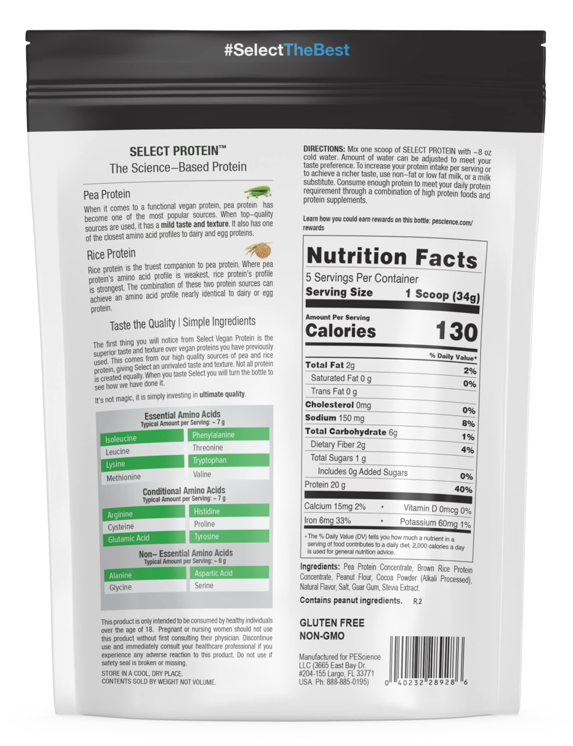 PEScience Select Vegan Plant Based Protein Powder - Chocolate Peanut Butter Flavor, 5 Servings, Premium Pea & Brown Rice Protein Blend for Muscle Recovery & Post-Workout Nutrition