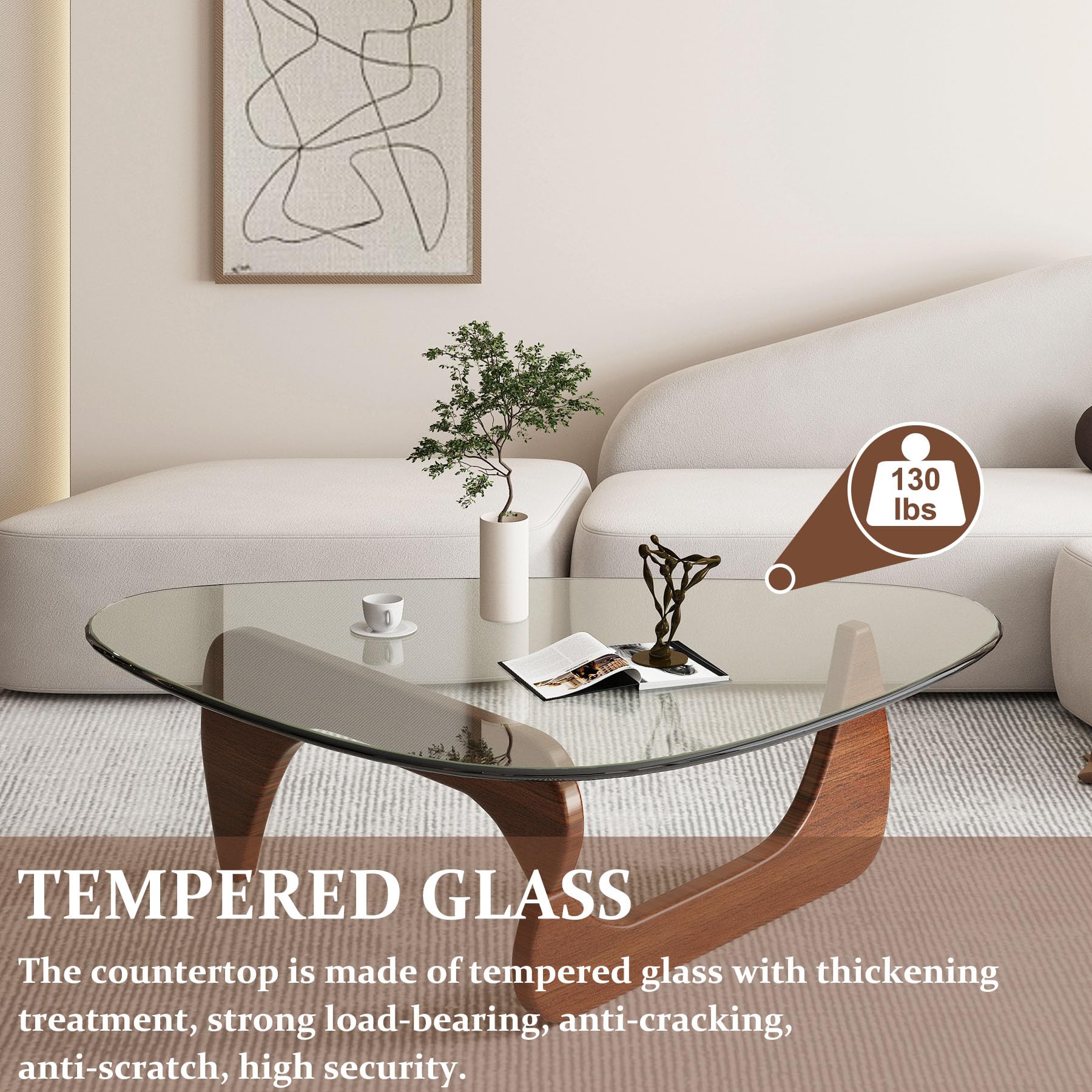 Modern Triangle Glass Coffee Table with Wooden Base - Mid-Century Abstract End Table for Living Room, Study, Office, Hotel & Balcony - Walnut & Transparent Design (32.2