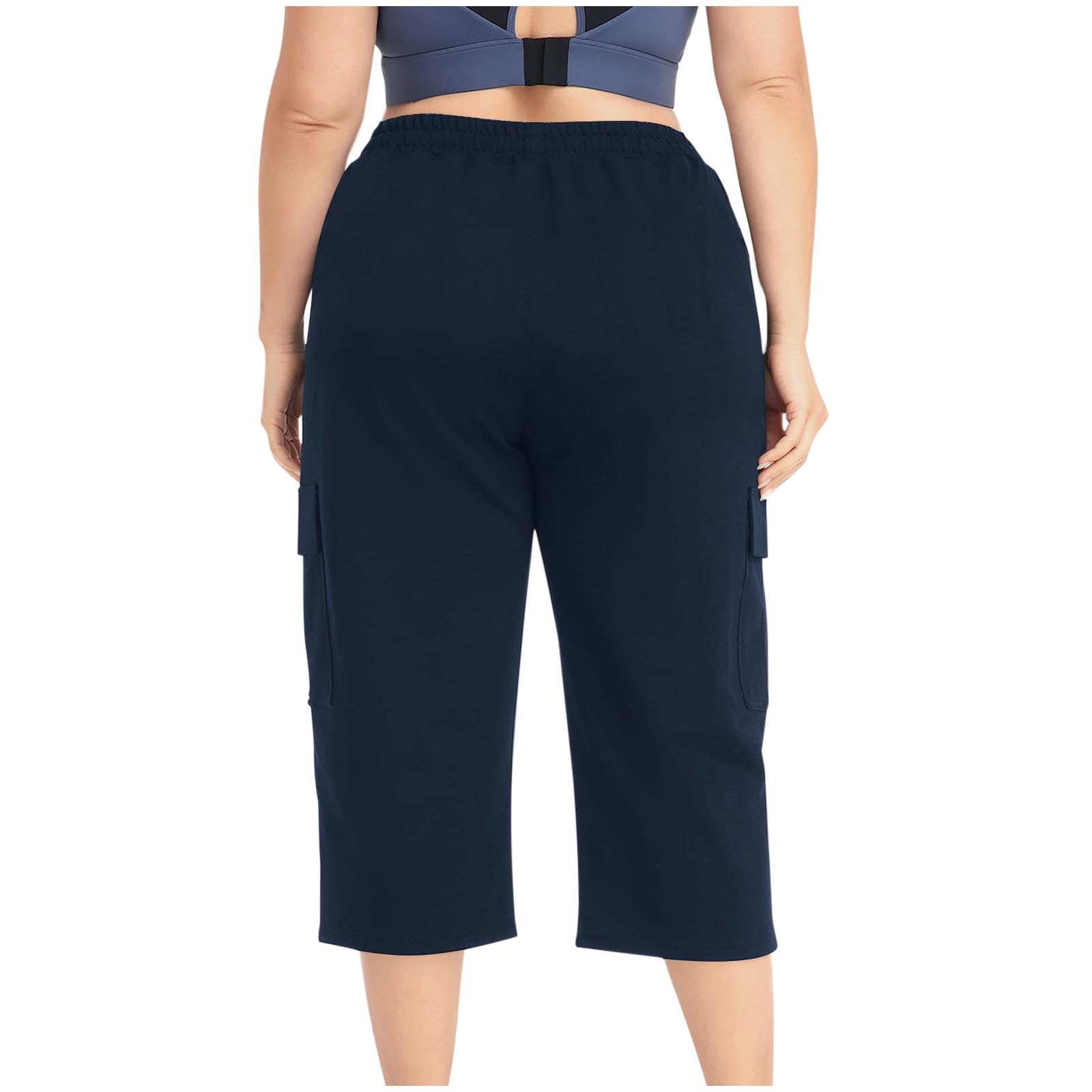 Plus Size Women's Capri Pants with Elastic Waist & Drawstring - Casual Straight Leg Cargo Pants with Pockets - Comfortable Loose Fit for Travel, Hiking & Everyday Wear