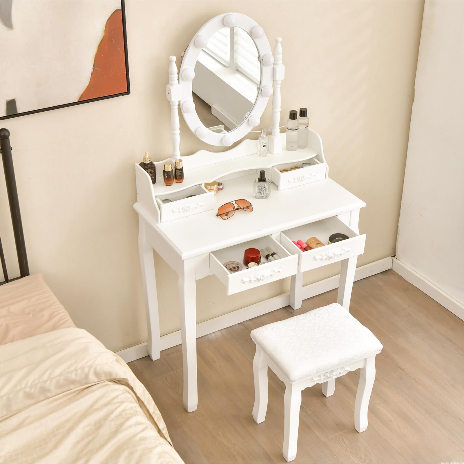 Giantex LED Makeup Vanity Table with 10 Adjustable Lights, 3 Color Modes & Rotating Mirror - 4-Drawer Dressing Desk with Cushioned Stool for Bedroom (White) | Perfect for Makeup Application, Skincare Routine & Home Beauty Salon Setup