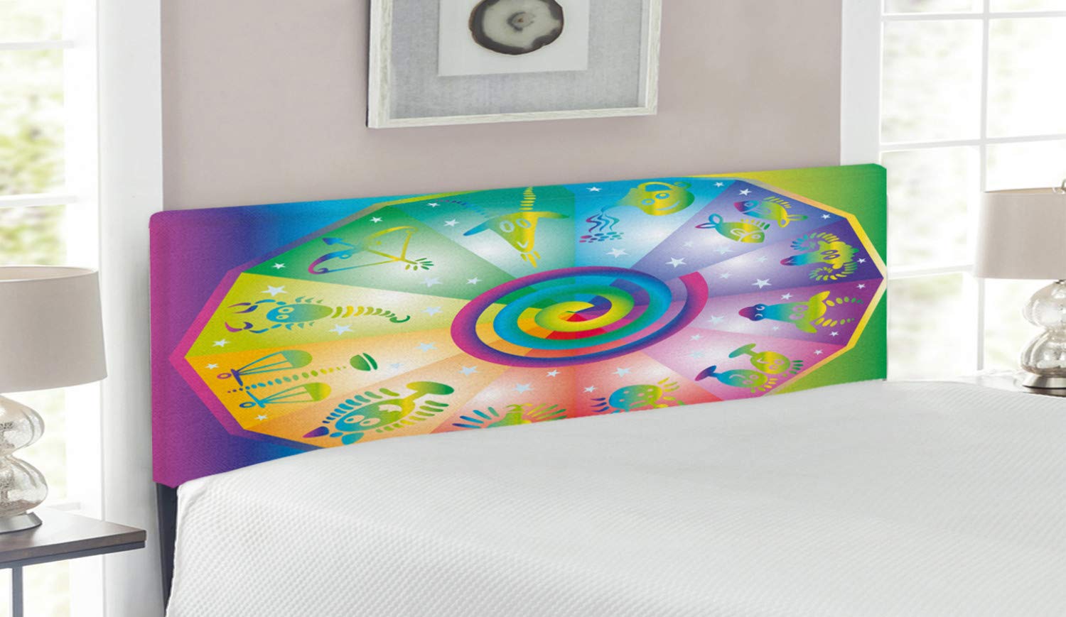 Ambesonne Astrology Upholstered Headboard - Hippie Style Rainbow Stars with Zodiac Signs, Memory Foam Queen Size Bed Headboard for Boho Bedroom Decor | Perfect for Teen Rooms, Dorm Decor & Meditation Spaces
