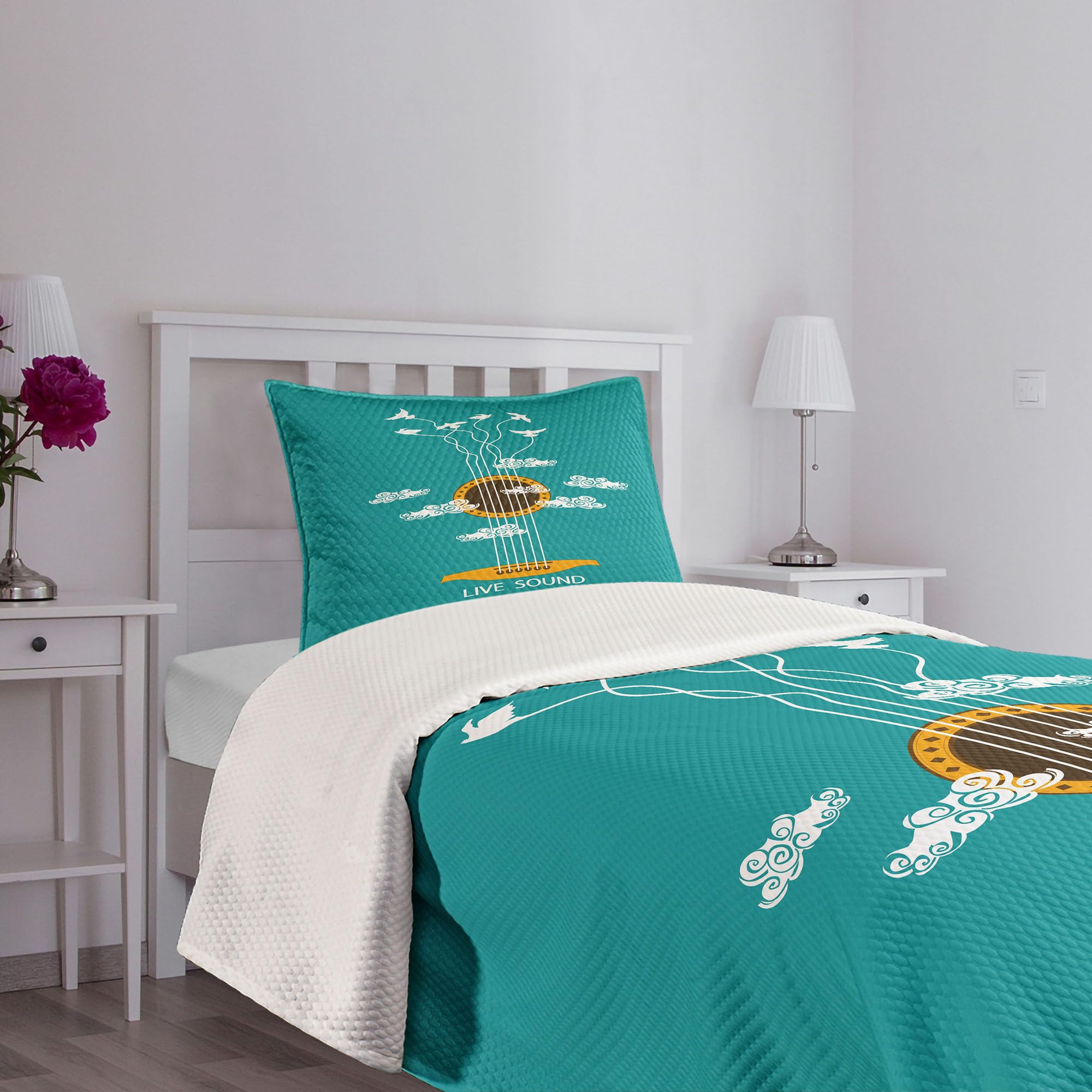 Ambesonne Guitar Bedspread Set - Abstract Music Themed Bedding with Birds on Strings & Clouds Design, 3-Piece Decorative Coverlet & 2 Pillow Shams, Twin Size in Turquoise Marigold White | Perfect for Music Lovers' Bedrooms, Dorm Rooms & Bohemian Decor