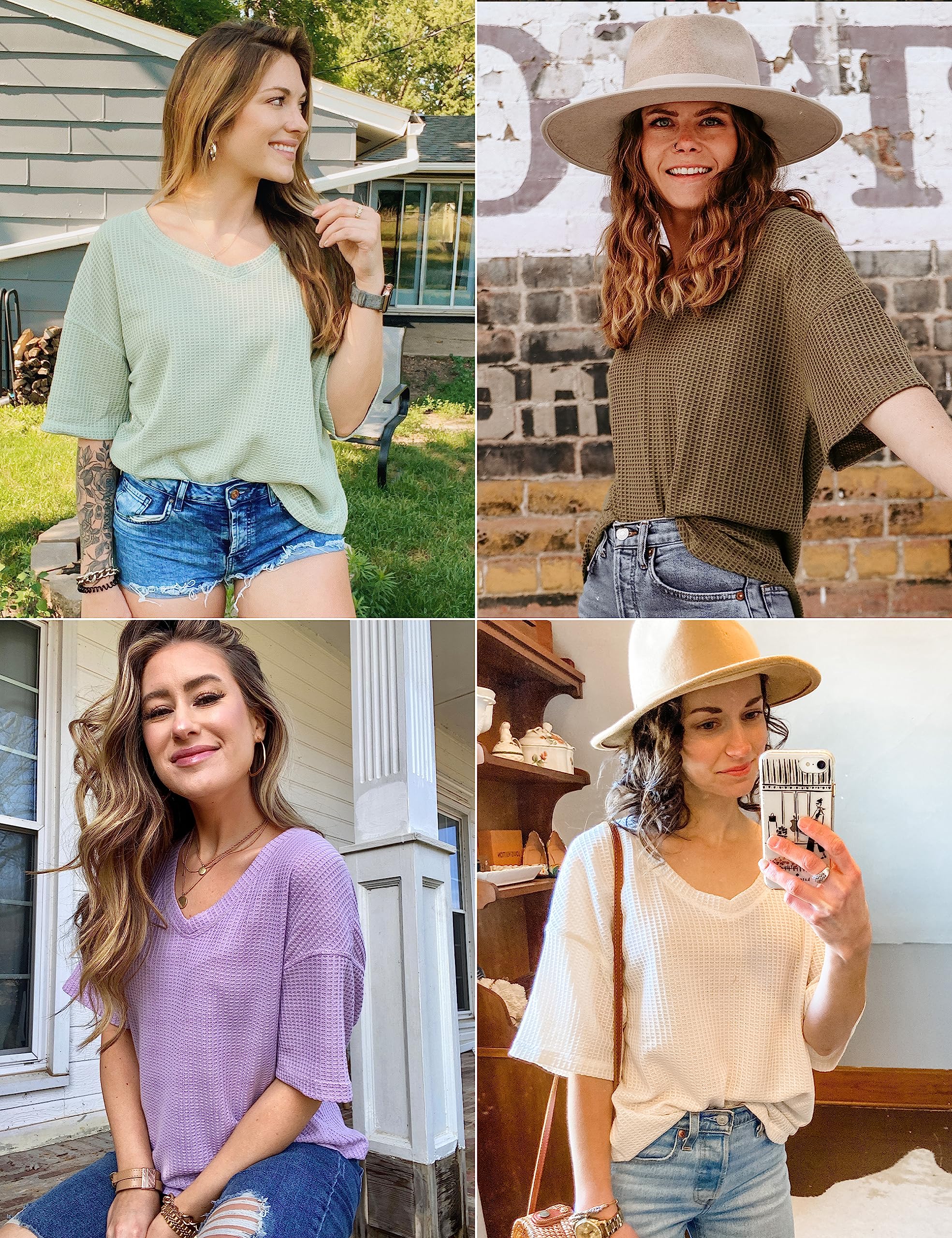 MEROKEETY Women's V-Neck Batwing Half Sleeve Waffle Knit Blouse - Loose Fit Solid Color Tops for Casual Wear, Office & Weekend Outings