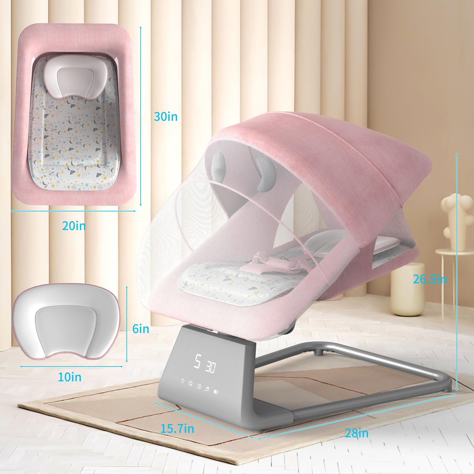 Electric Baby Swing with Bluetooth & Remote Control - 11 Soothing Lullabies, 5 Speed Settings for Newborns to Toddlers | Large Screen Infant Bouncer & Rocker for Boys & Girls | Perfect for Nursery, Daycare & Soothing Fussy Babies