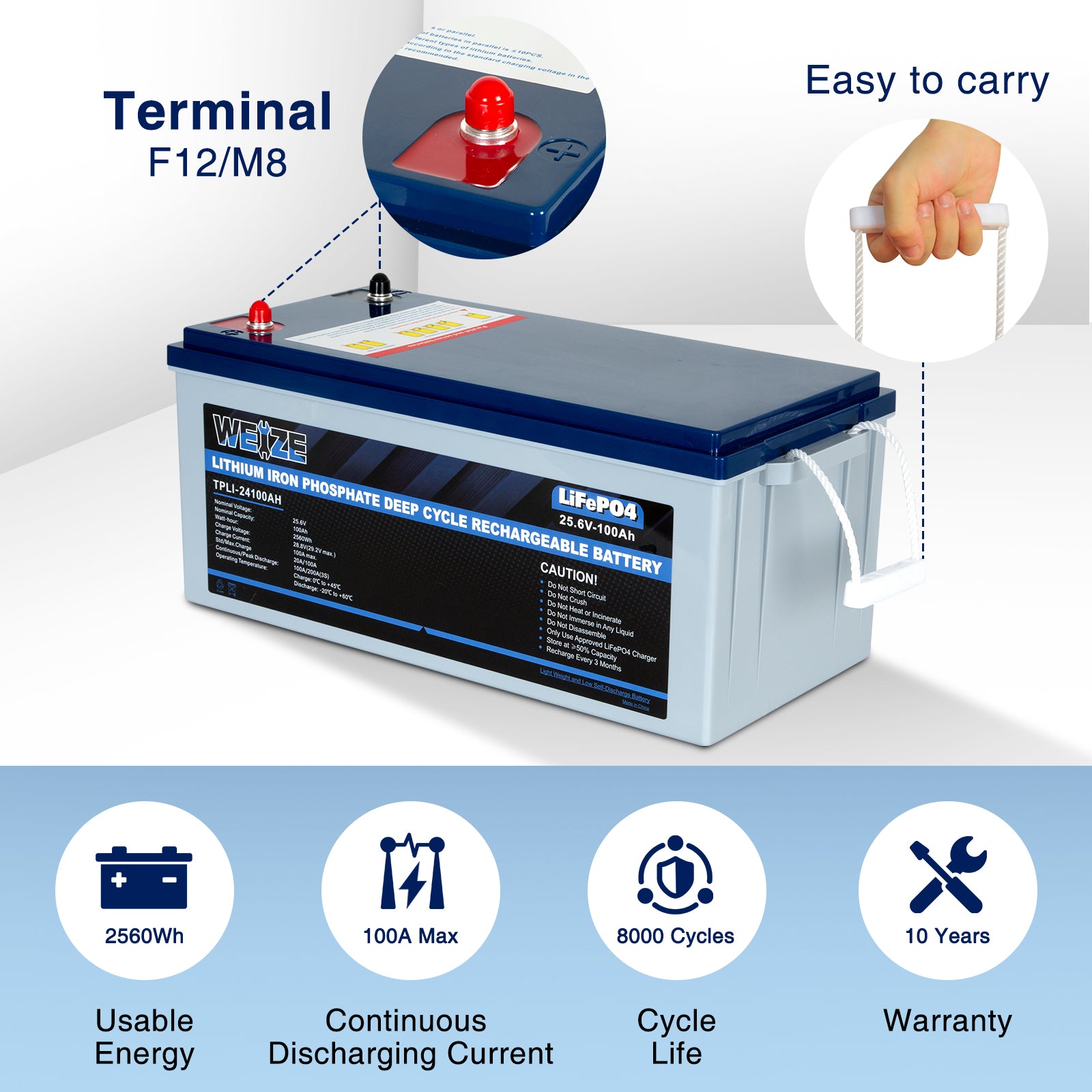 WEIZE 24V 100Ah 2560Wh Deep Cycle LiFePO4 Lithium Battery - Perfect for Solar Power Systems, RVs, Marine & Off-Grid Applications