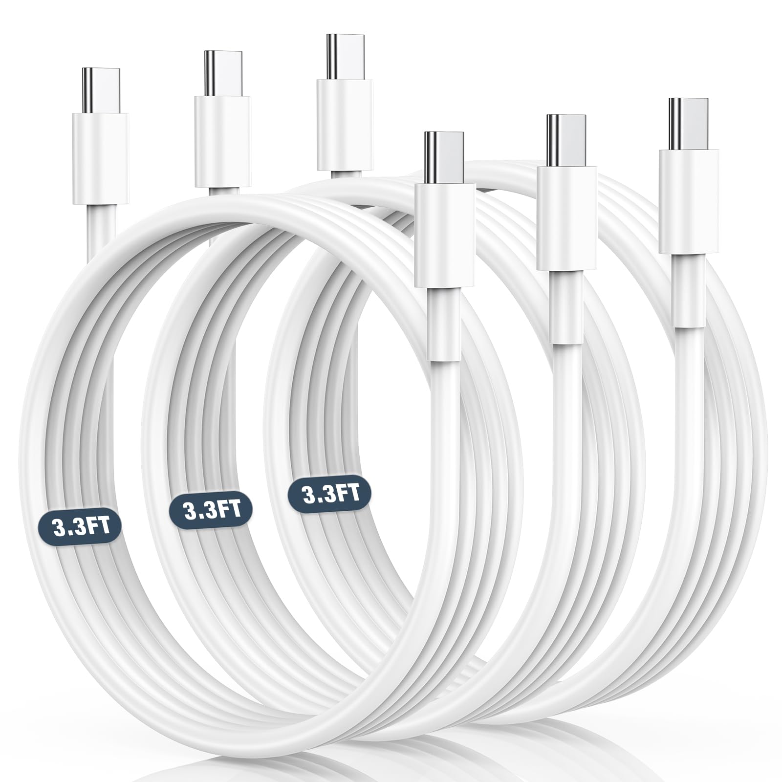 3-Pack 3.3FT USB C to USB C Cable 60W Fast Charging - Compatible with iPhone 16/15 Pro Max, Samsung S23+/S22/S21 Ultra, Pixel 8, iPad Air 4/Pro 2021, MacBook - Perfect for Home, Office & Travel Charging