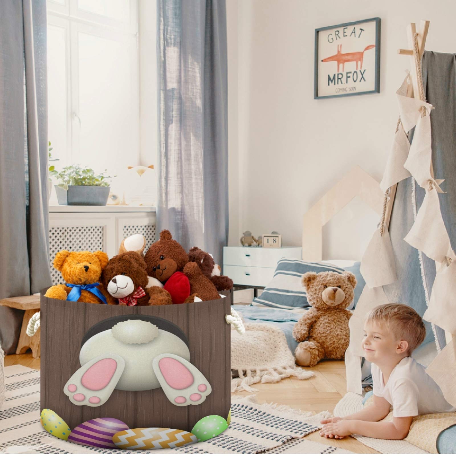 Visesunny White Bunny Easter Eggs Collapsible Fabric Storage Basket - Dark Brown Wooden Pattern Laundry Bin for Clothes, Toys & Organizing - Perfect for Bathroom, Bedroom, Nursery & Closet Storage Solutions