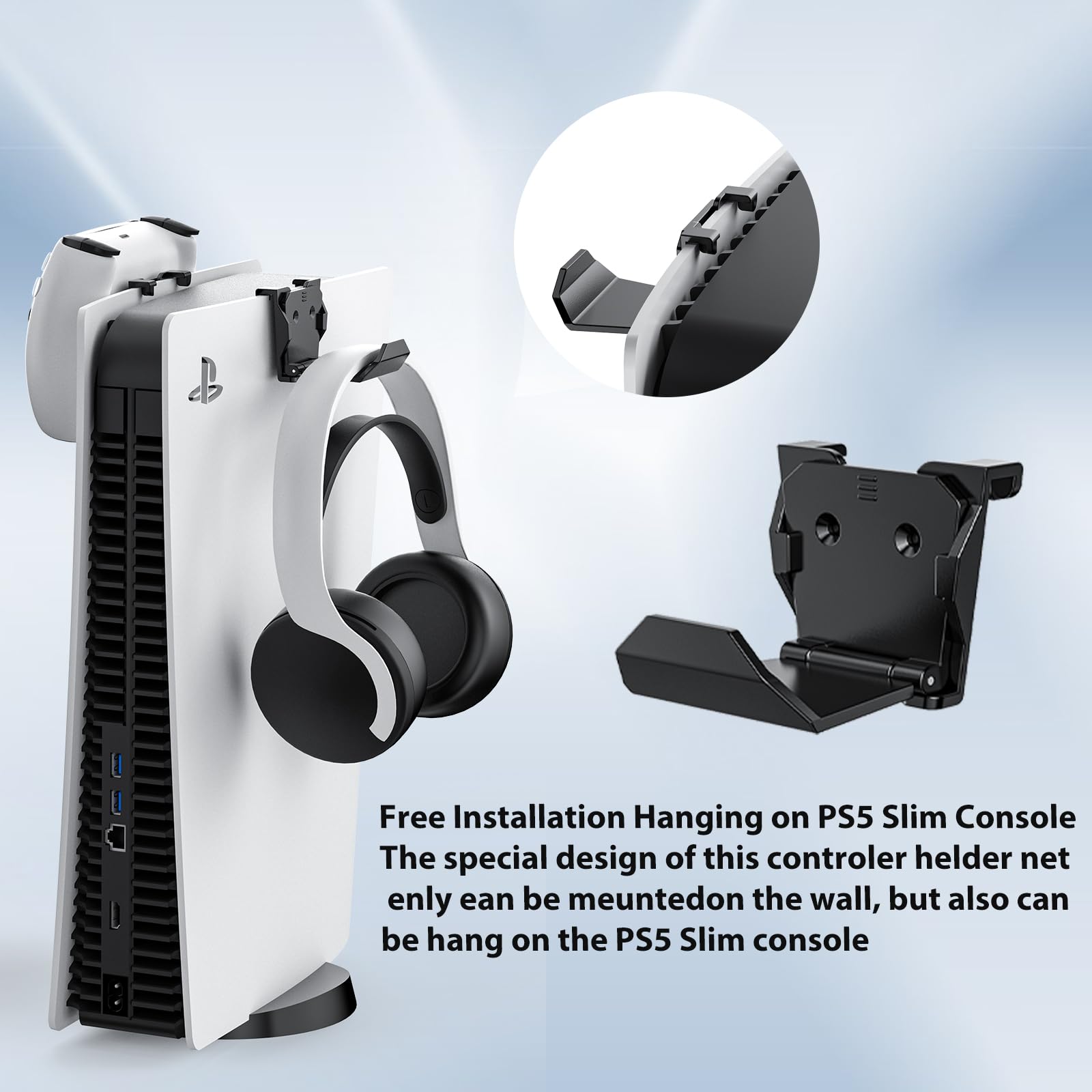 Upgraded Wall Mount Kit for PS5 Slim - Adjustable Bracket with 2 Removable Controller Holders & Headset Hook - Secure Screw Mounting for Living Room, Bedroom, or Gaming Setup