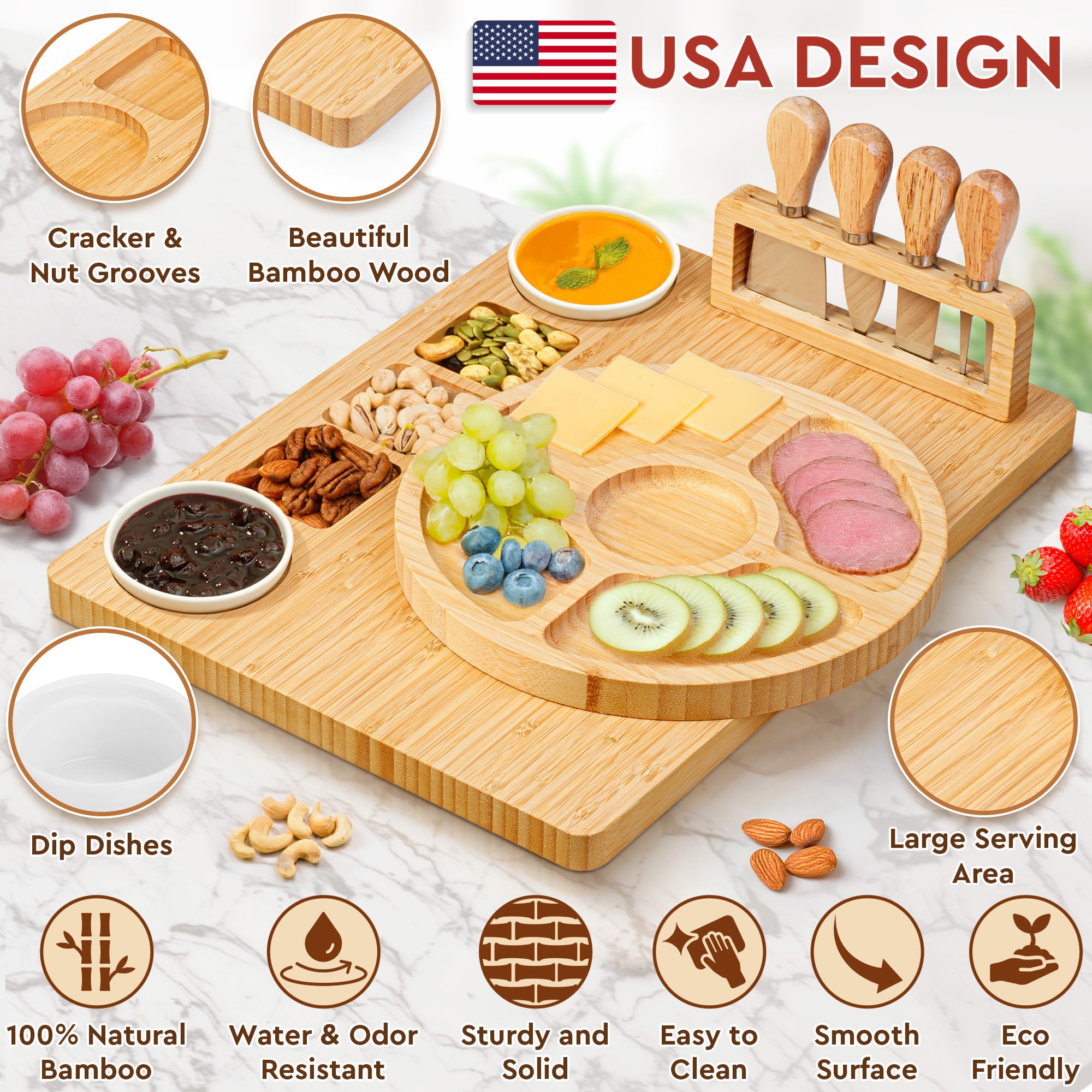 Premium Bamboo Charcuterie Board Set - 15-Piece Large Cheese & Fruit Serving Tray with Magnetic Knife Holder, Forks & Ceramic Dishes - Perfect for Birthday Gifts, Dinner Parties & Entertaining