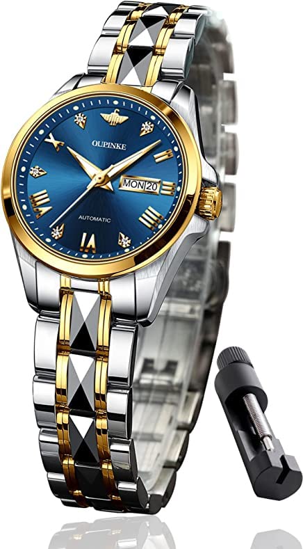 OLEVS Luxury Women's Automatic Watch with Diamond & Sapphire Crystal - Elegant Dress Mechanical Watch - Tungsten Steel Waterproof Date Watch for Women - Perfect for Business, Party & Formal Occasions