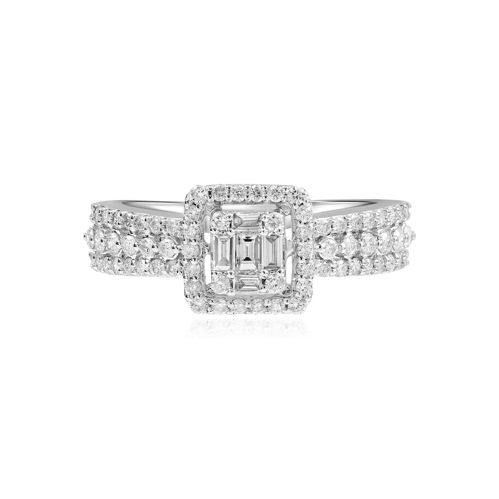 18K White Gold Baguette Halo Diamond Engagement Ring with Triple Row Band – Perfect for Proposals, Weddings & Anniversaries
