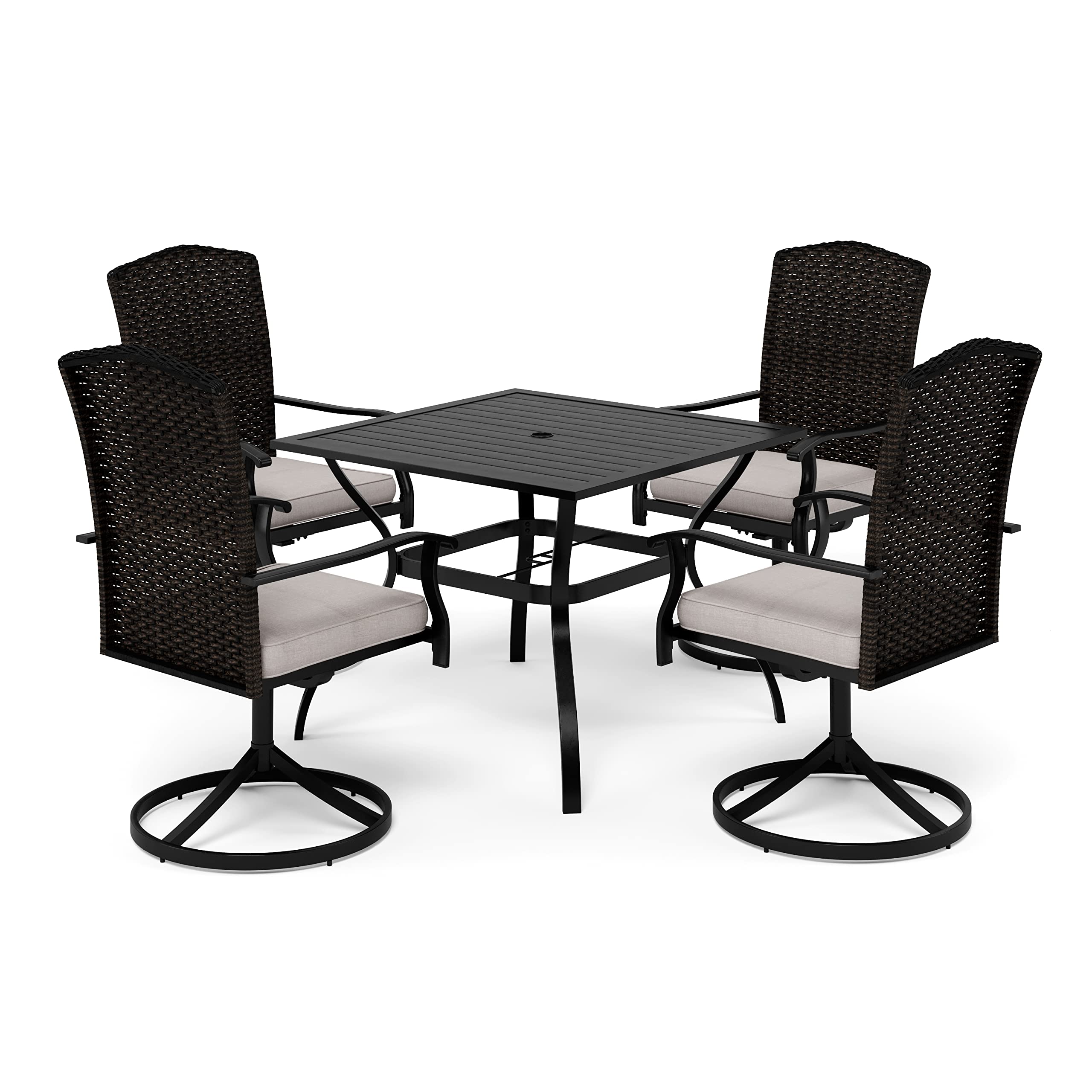 5-Piece Outdoor Patio Dining Set - Rattan Swivel Rocker Chairs & Steel Frame Table with Umbrella Hole (37