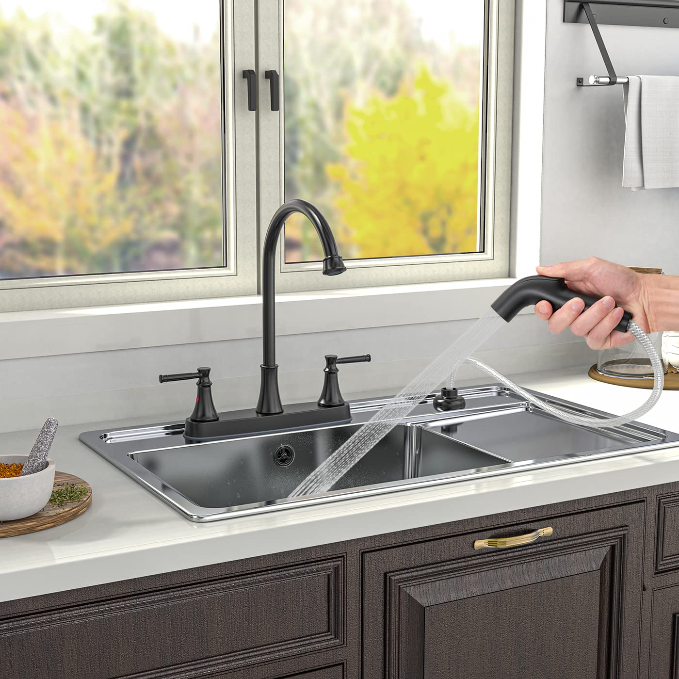**Matte Black Kitchen Faucet with Side Sprayer - 2 Handle High Arc Stainless Steel Sink Faucet for RV, Camper, or Home Use - 8 Inch Centerset Faucet (3 or 4 Hole Installation) - Perfect for Small Spaces, Outdoor Kitchens & Mobile Living**