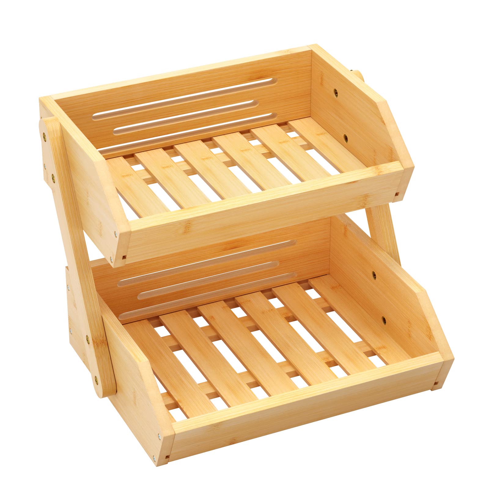 NUTUNI 2-Tier Bamboo Fruit Basket for Kitchen - Natural Wood Produce Storage Organizer for Fruits, Vegetables, Potatoes, Onions, Bread & Snacks - Perfect for Countertop, Pantry, and Dining Table Organization