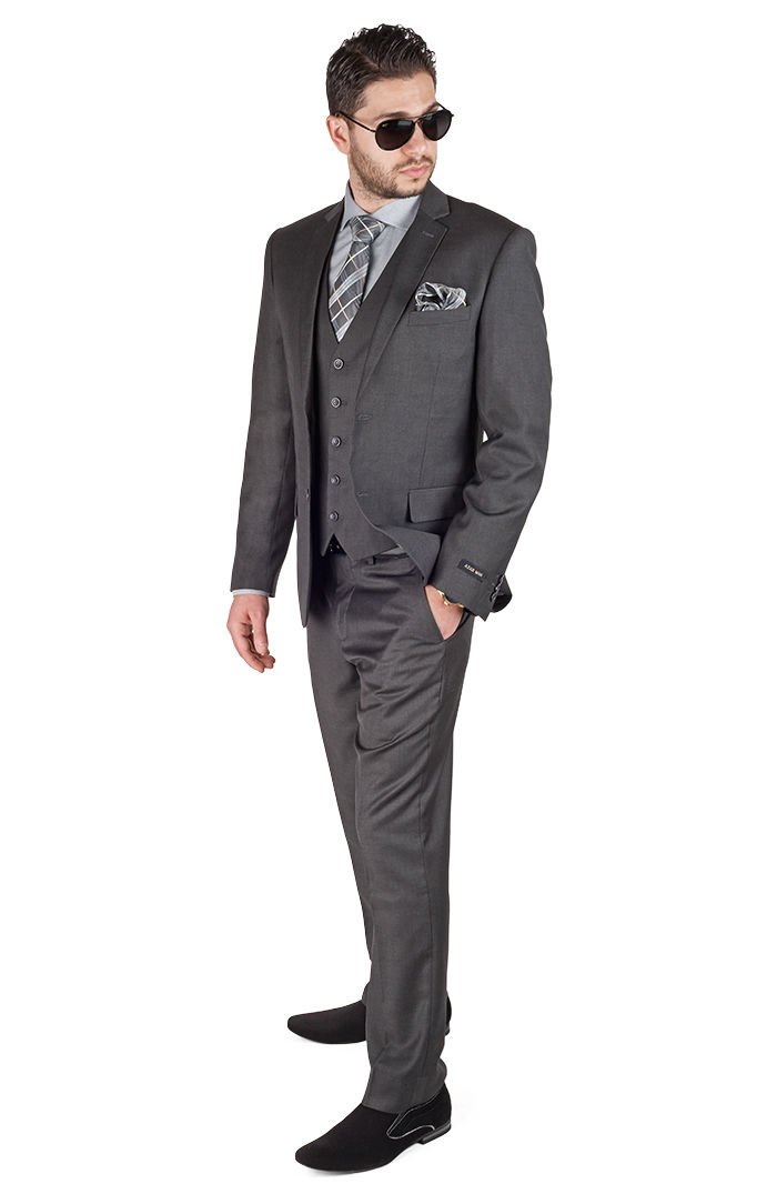 AZAR Slim Fit 3-Piece Vested Suit for Men - Dark Charcoal Grey Solid Color, 2-Button Notch Lapel | Perfect for Business Meetings, Weddings & Formal Events