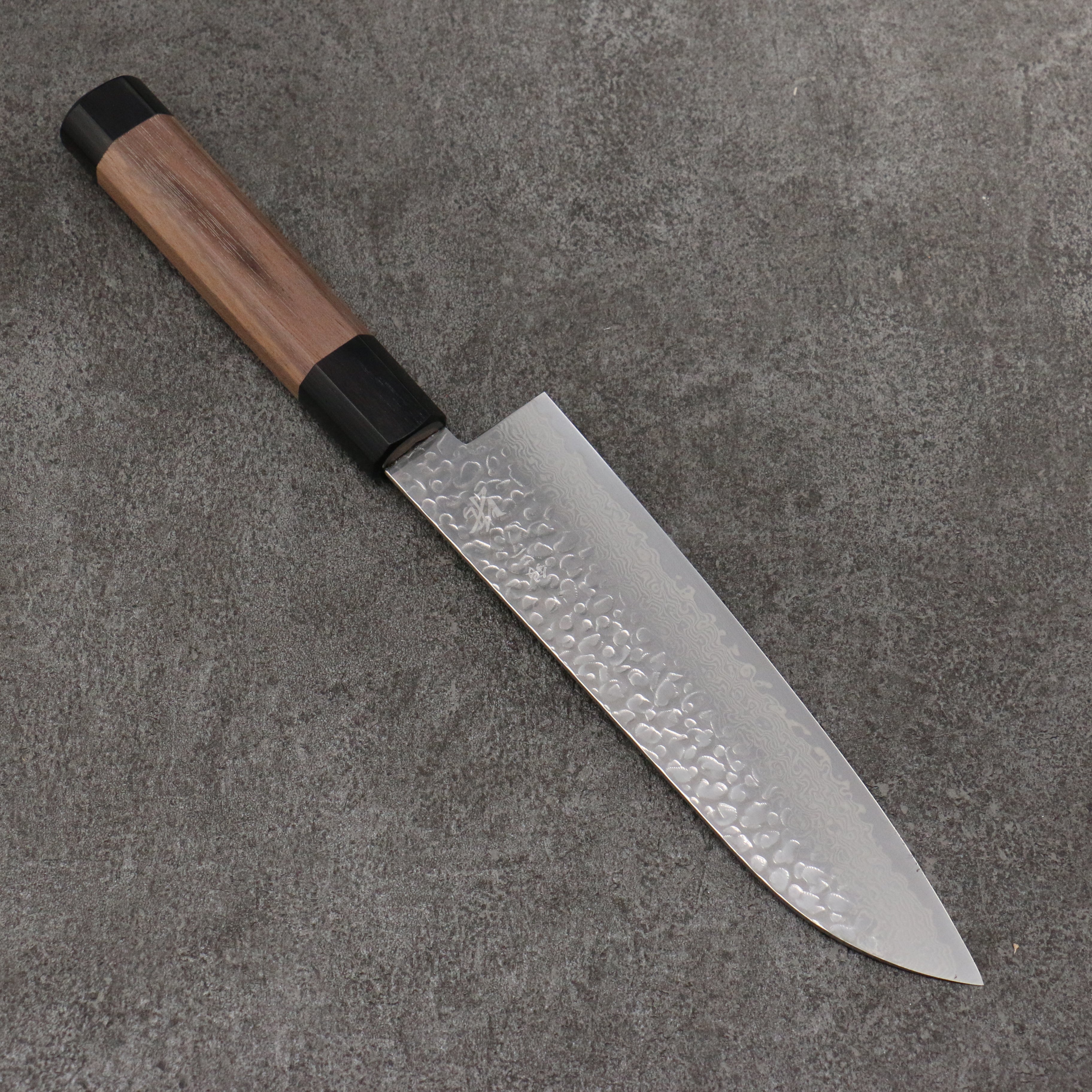 Premium Seisuke Silver Steel No.3 Hammered Damascus Santoku Knife 180mm - Walnut & Double Black Pakkawood Handle - Perfect for Slicing, Dicing & Chopping Vegetables, Meat & Fish