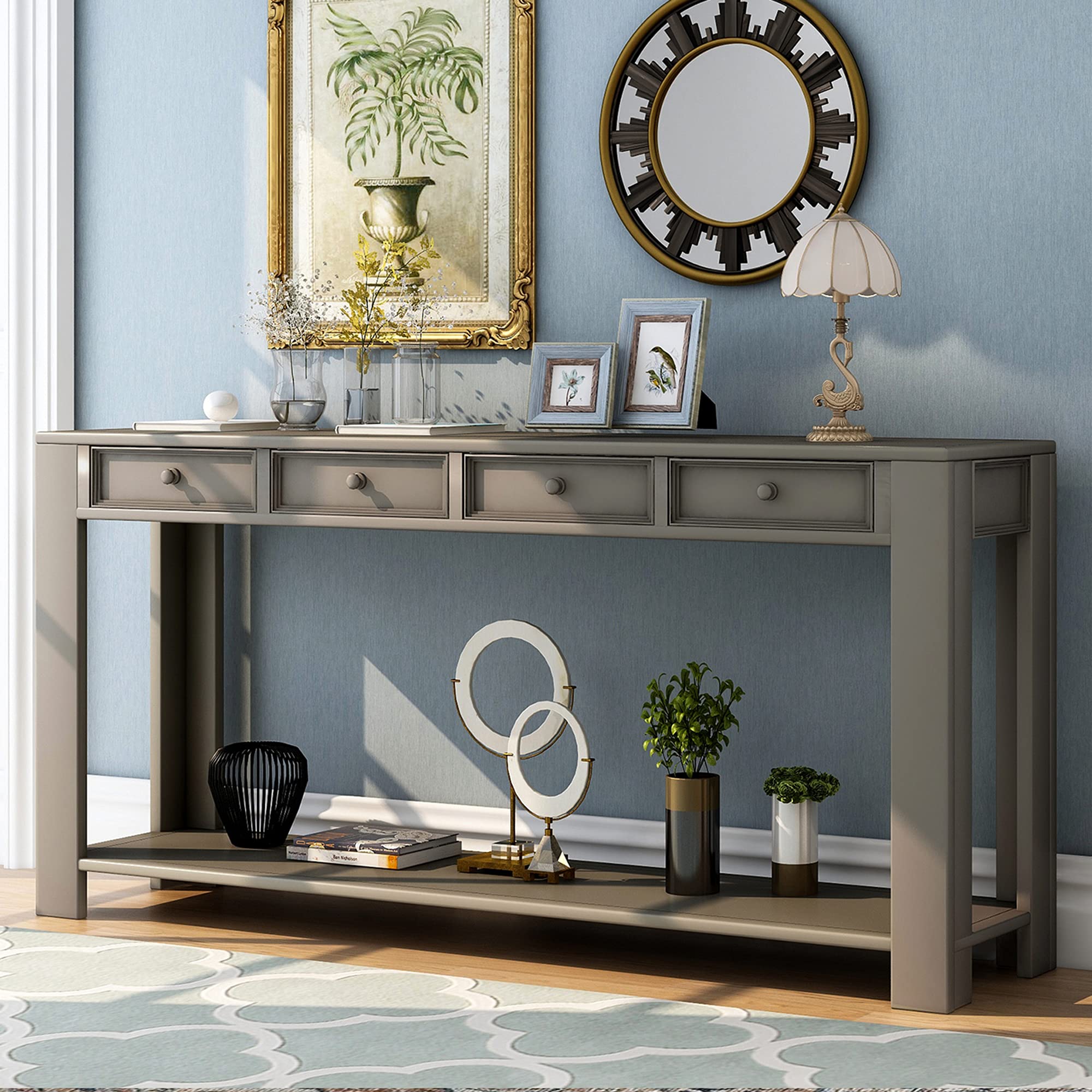 Antique Gray Console Table with 4 Storage Drawers & Bottom Shelf - Entryway Sofa Table for Hallway, Living Room & Bedroom Decor