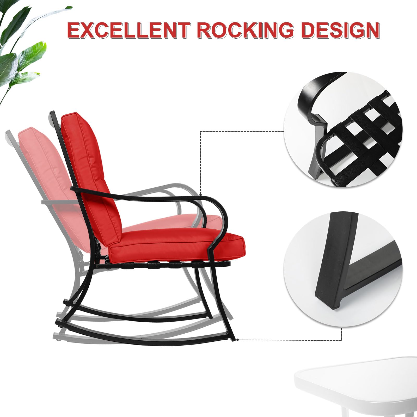 **Crownland 3-Piece Outdoor Rocking Chair Patio Set with Bistro Table & Glass Coffee Table - Black Iron Frame with Thickened Cushions (Red) - Perfect for Garden, Backyard, Porch & Poolside Relaxation**