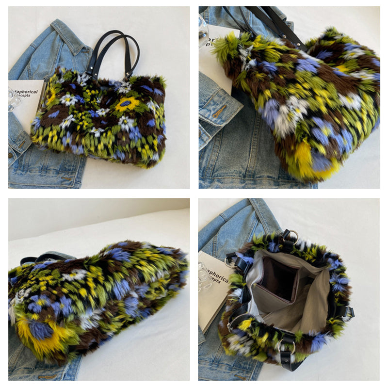 Women's Winter Plush Flower Shoulder Bag - Elegant Handbag for Casual Outings, Shopping & Travel
