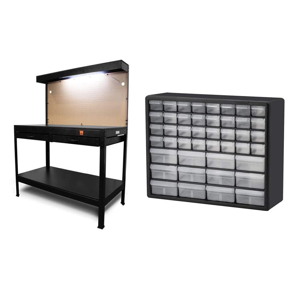 WEN Heavy Duty Workbench with Storage Drawers & Akro-Mils Plastic Parts Organizer Cabinet - Perfect for Garage Workshop, DIY Projects, and Tool Organization