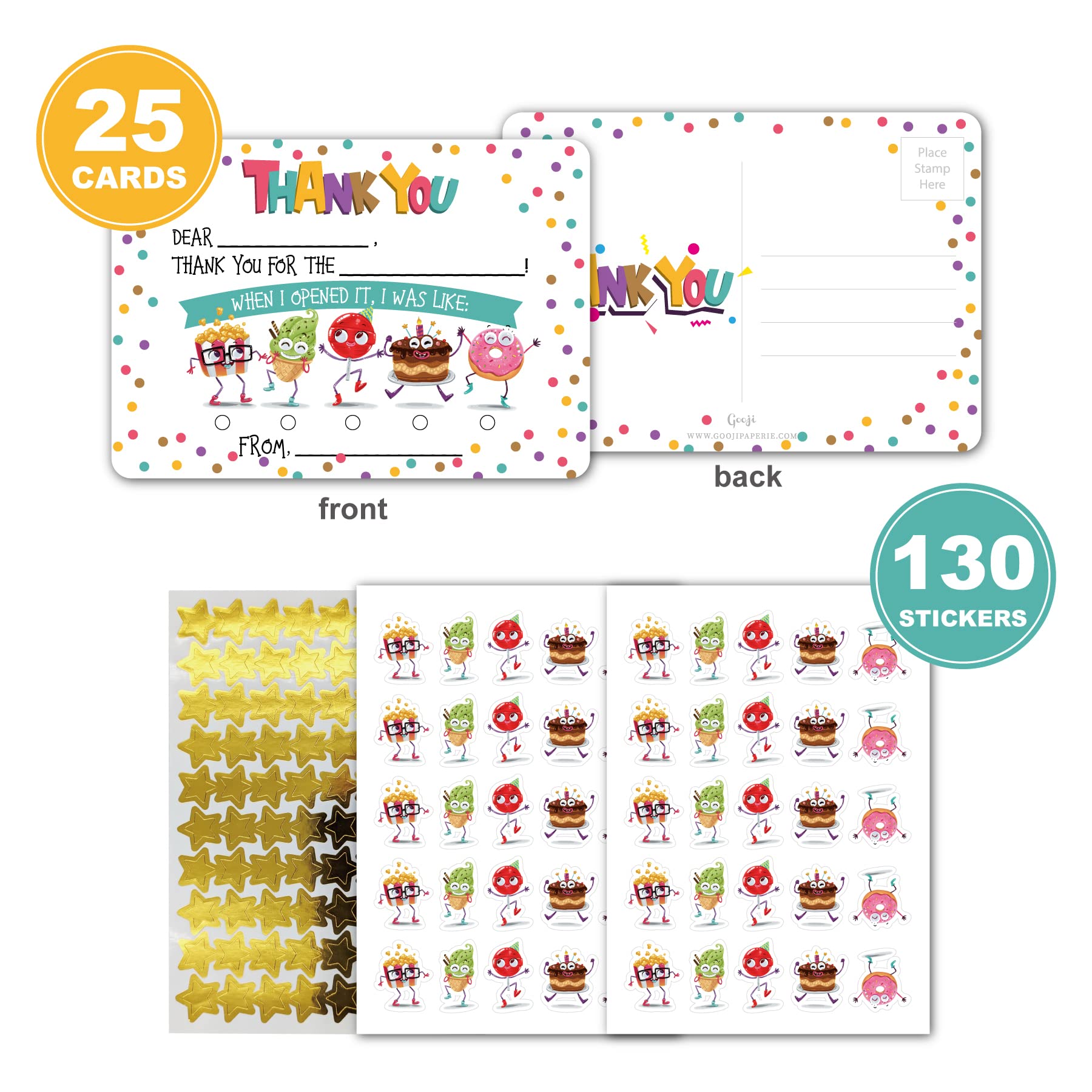 Gooji Kids Thank You Cards - 25-Piece Double-Sided Custom Postcard Set with Fill-in-the-Blank Messages | Perfect for Birthday Parties, Events & Holidays | Includes Fun Stickers (Party Treats Collection) - Great for Classroom Rewards, Teacher Appreciation & Family Celebrations