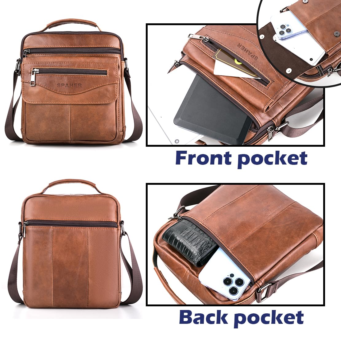 SPAHER Men's Genuine Leather Messenger Bag - Waterproof Crossbody Shoulder Bag for Business & Travel - Adjustable Strap Fits iPad 11 Inch - Brown Satchel for Work, Commuting & Daily Use