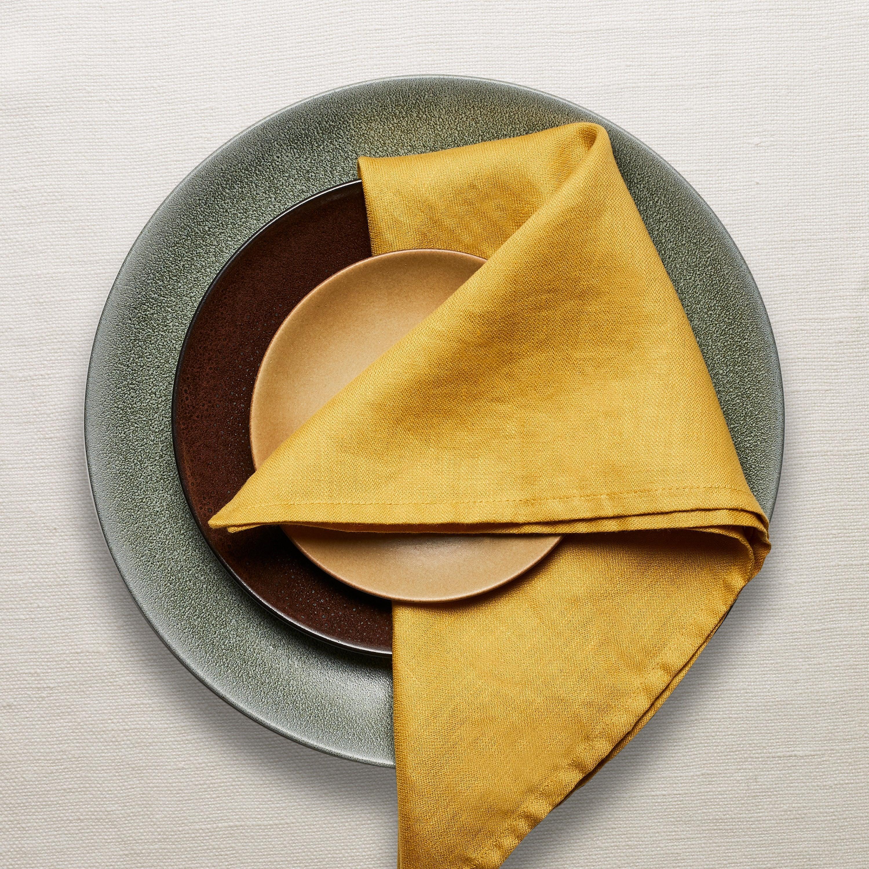 Premium Linen Sateen Napkins Set of 4 - Soft Mustard Yellow Dinner Napkins for Formal Dining, Wedding, and Holiday Table Settings