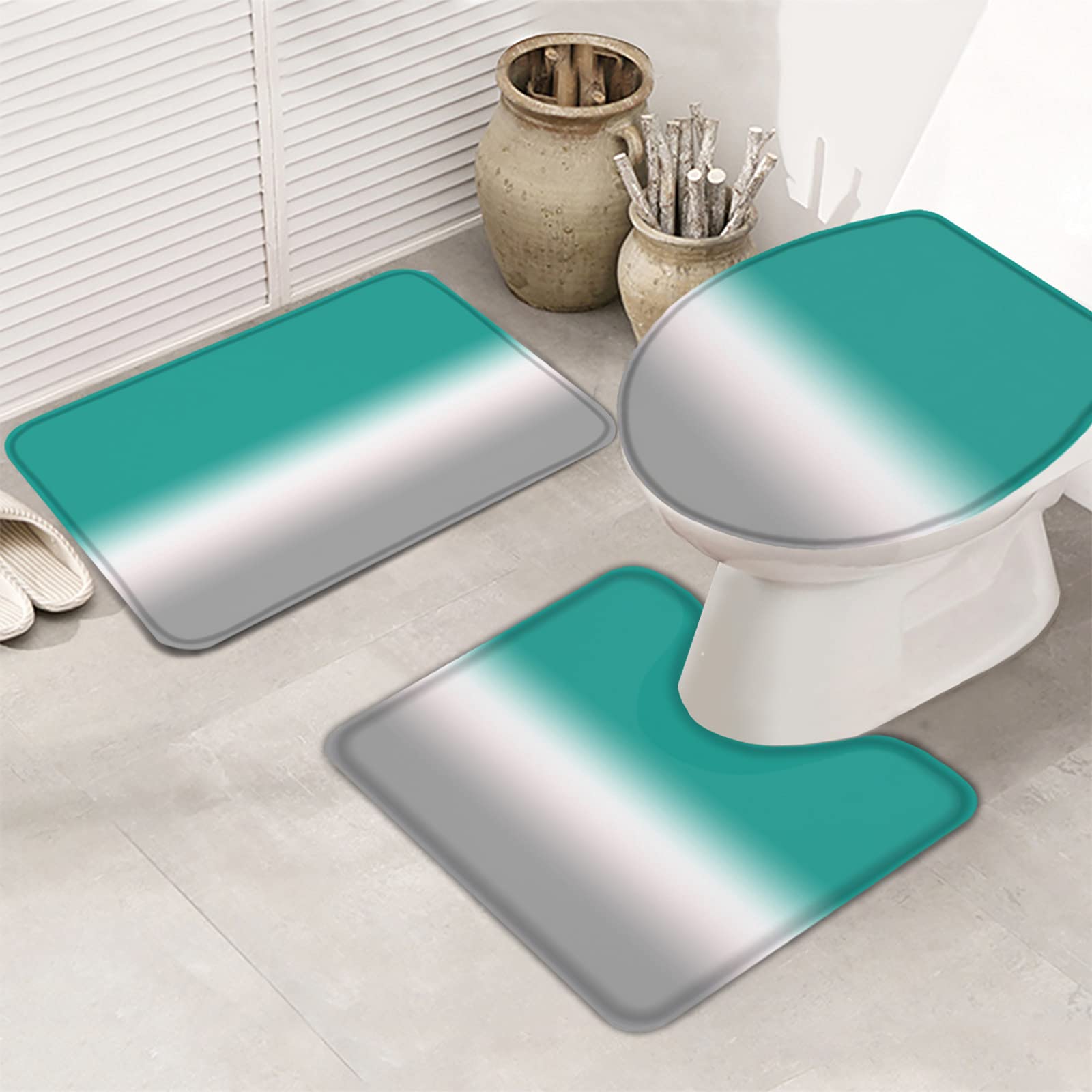 3-Piece Non-Slip Bathroom Rug Set - Green & Gray Ombre Gradient Contour Mat, Toilet Lid Cover & Absorbent Shower Mat | Soft Bath Mats for Bathroom Safety & Comfort | Perfect for Modern Homes, Guest Bathrooms & Spa-Like Showers