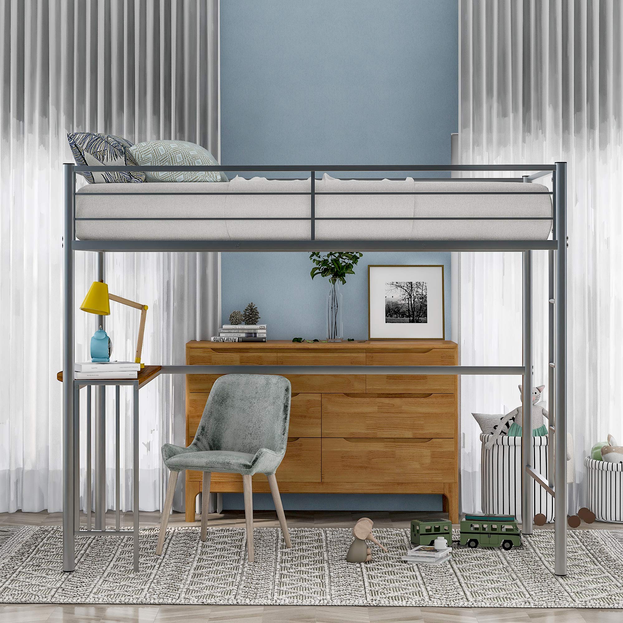 **LZ LEISURE ZONE Twin Loft Bed with Desk & Shelves - Sturdy Metal Loft Bed Frame, Twin Size, No Box Spring Required, Silver - Perfect for Kids' Rooms, Dorms & Small Spaces**